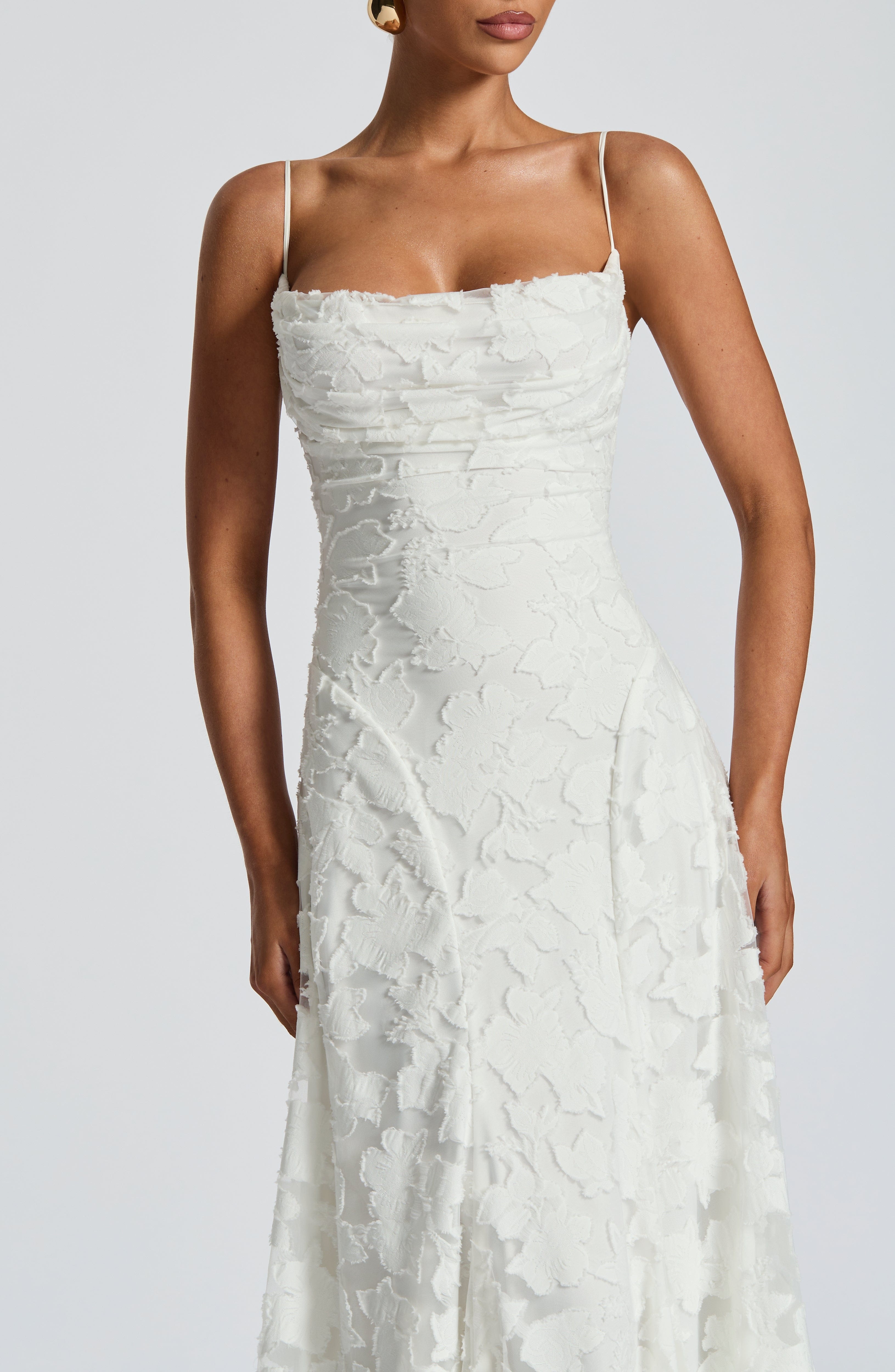 Ivory Floral Burnout Maxi Dress with Cowl Neck & Lace-Up Back - Image 7