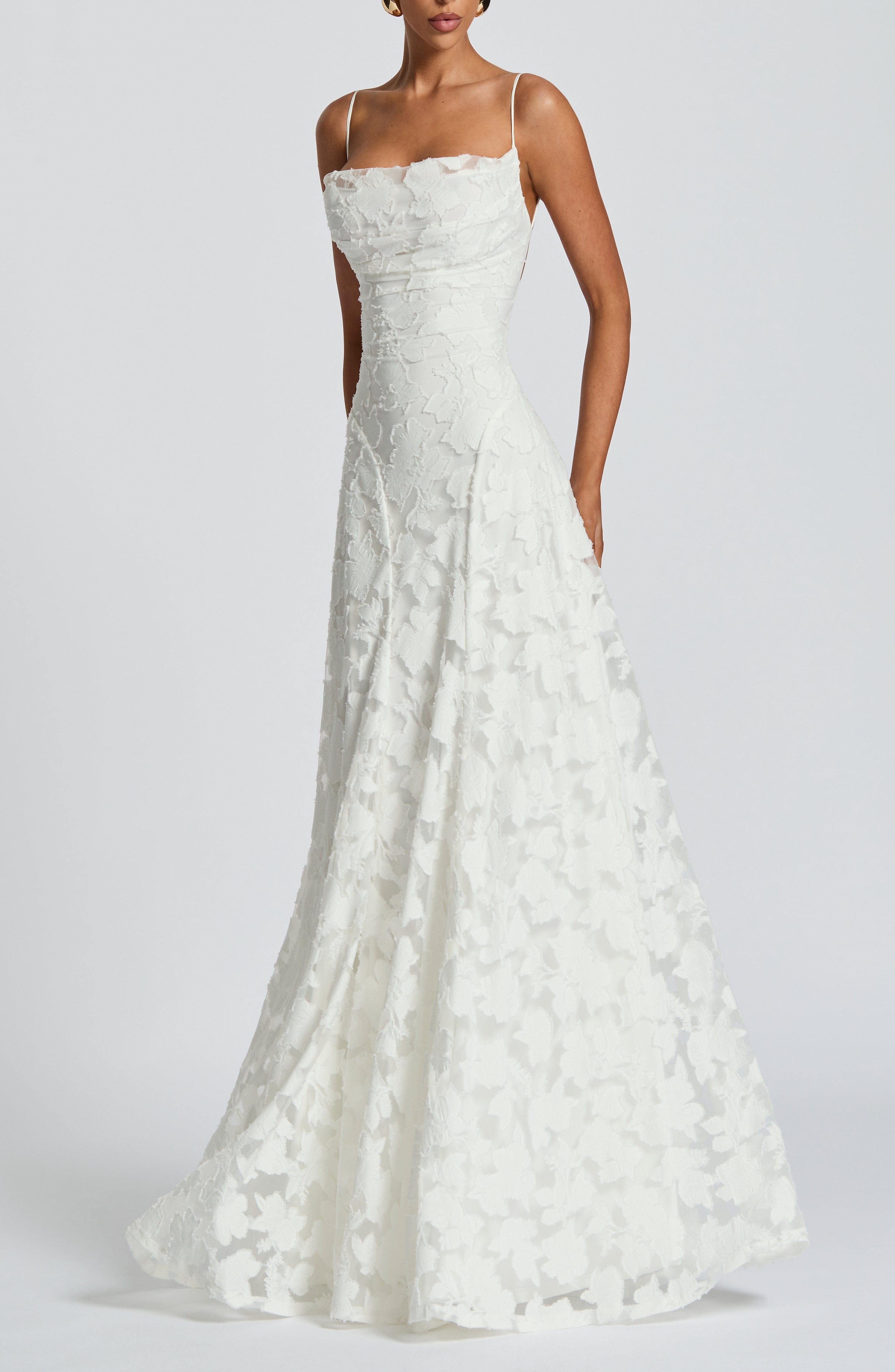 Ivory Floral Burnout Maxi Dress with Cowl Neck & Lace-Up Back - Image 9