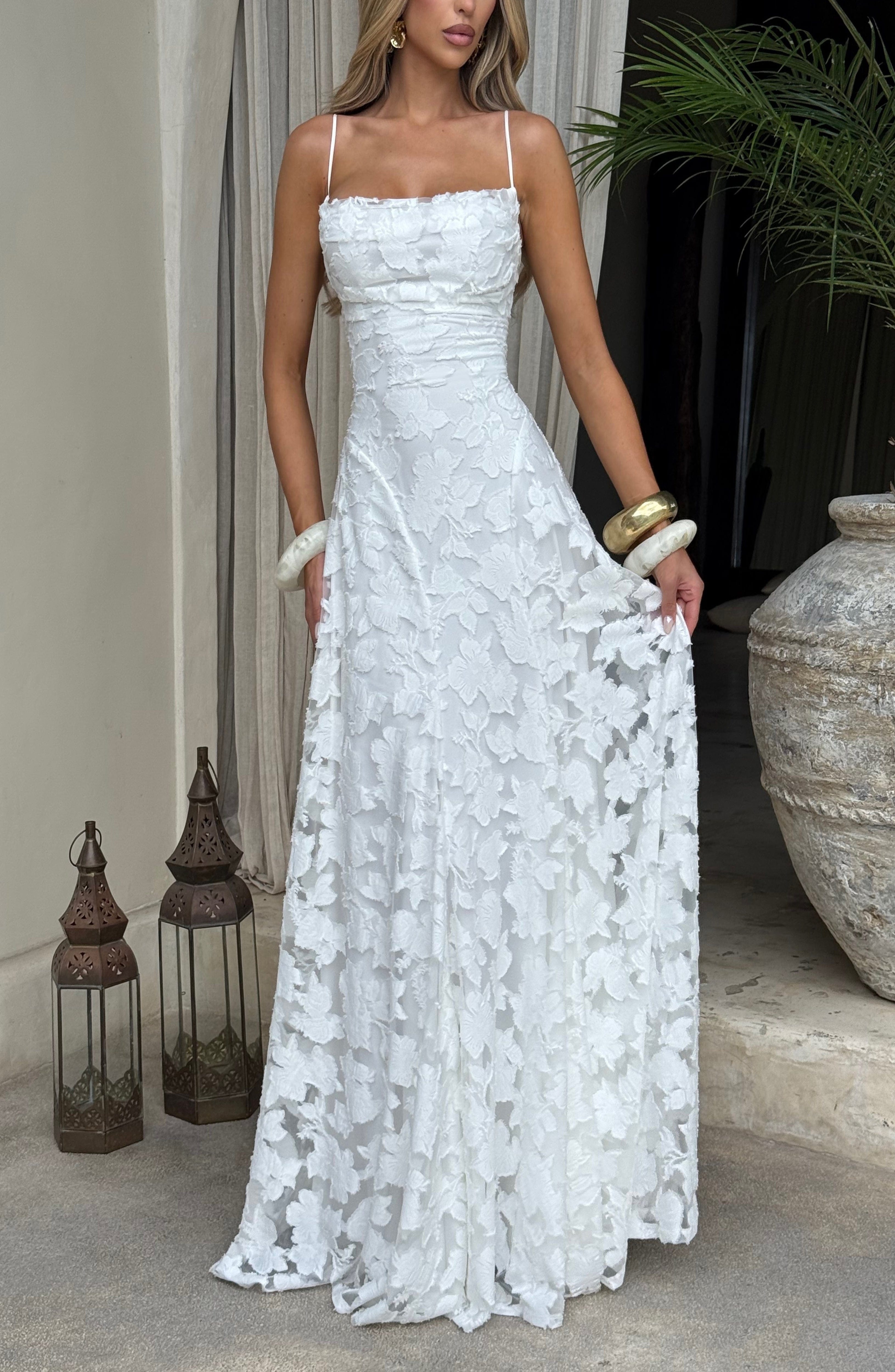 Ivory Floral Burnout Maxi Dress with Cowl Neck & Lace-Up Back - Image 3