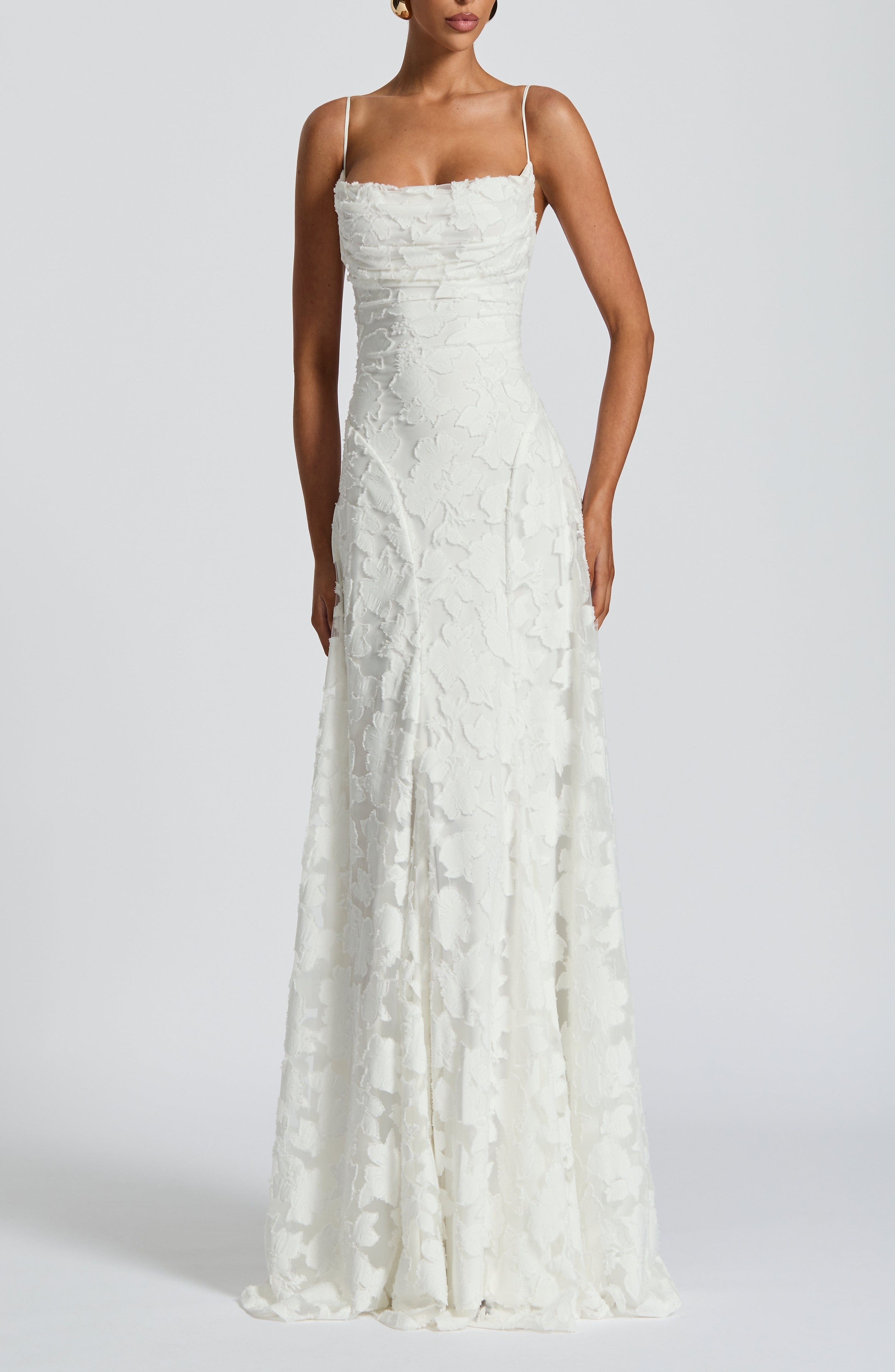 Ivory Floral Burnout Maxi Dress with Cowl Neck & Lace-Up Back - Image 11