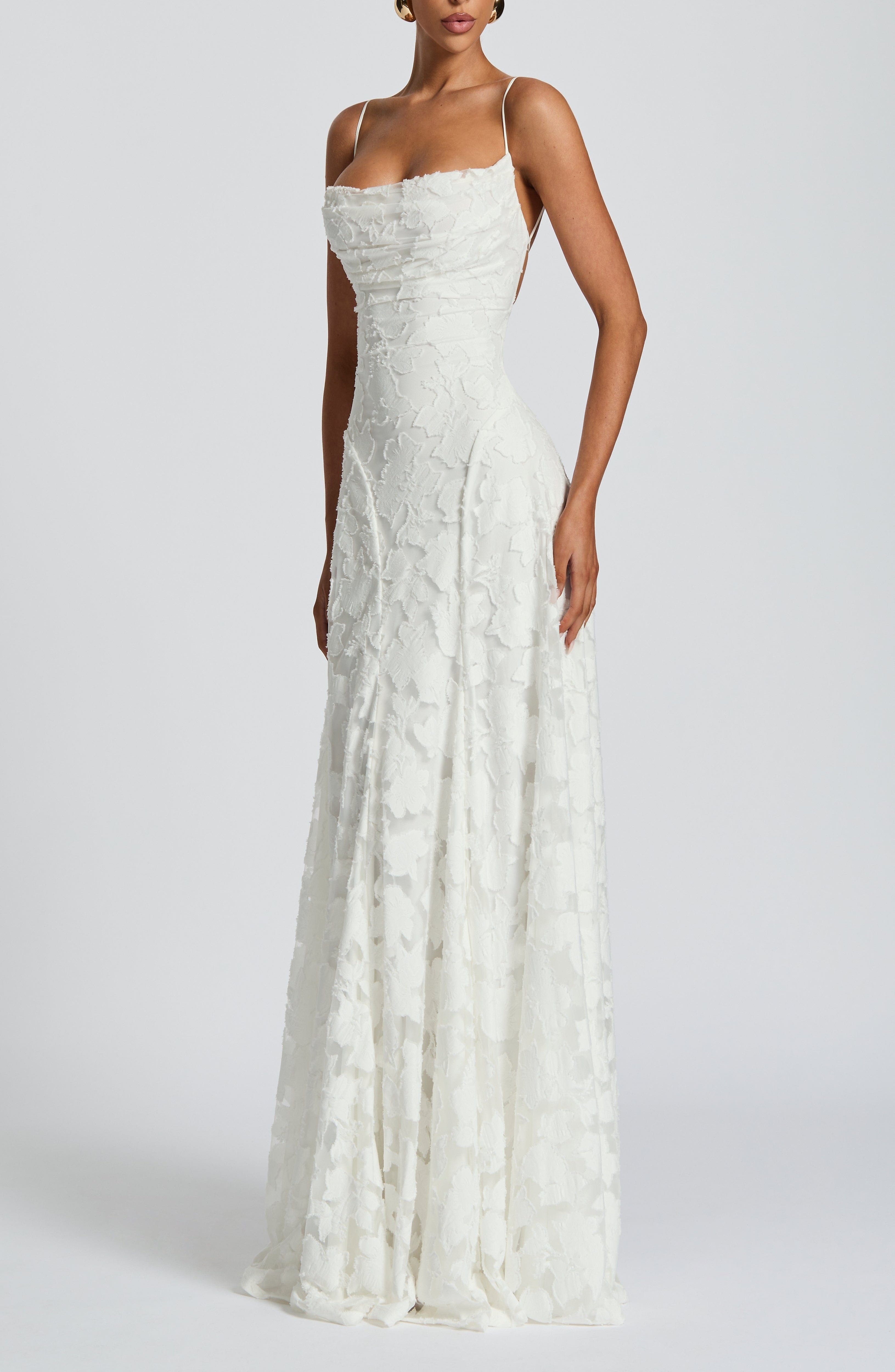 Ivory Floral Burnout Maxi Dress with Cowl Neck & Lace-Up Back - Image 10