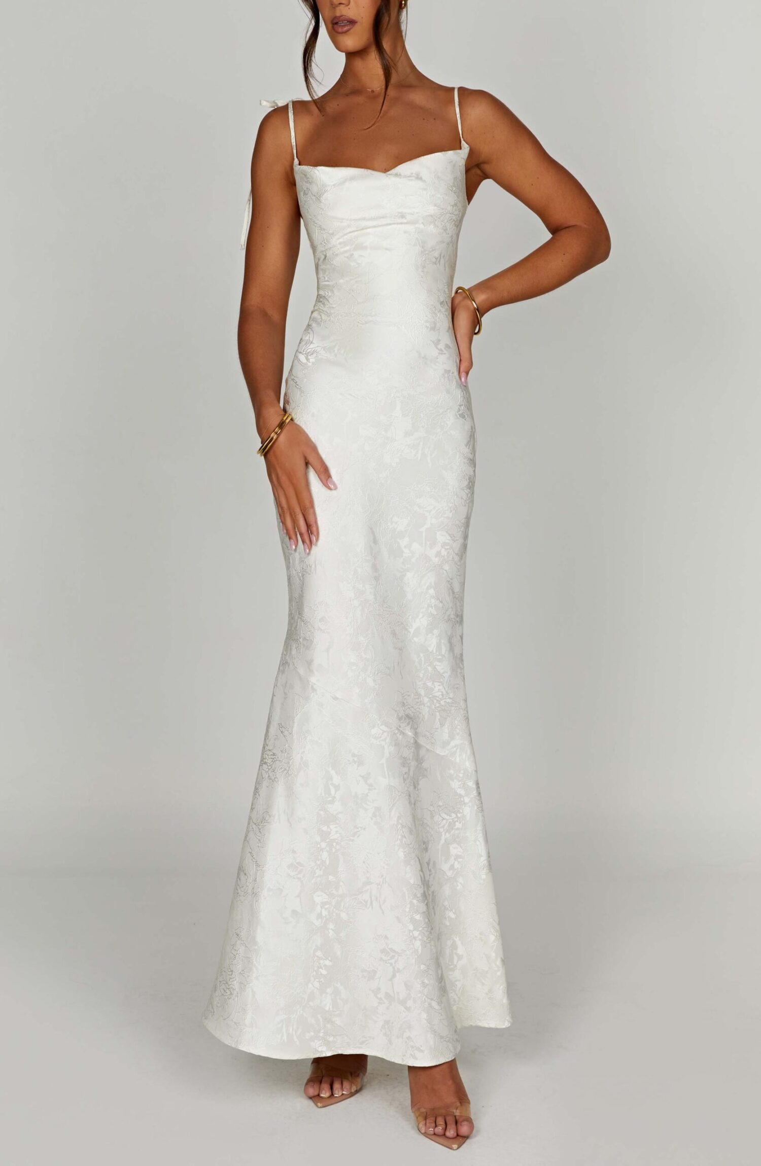 Ivory Floral Jacquard Maxi Dress with Tie Straps & Cowl Neck - Image 10