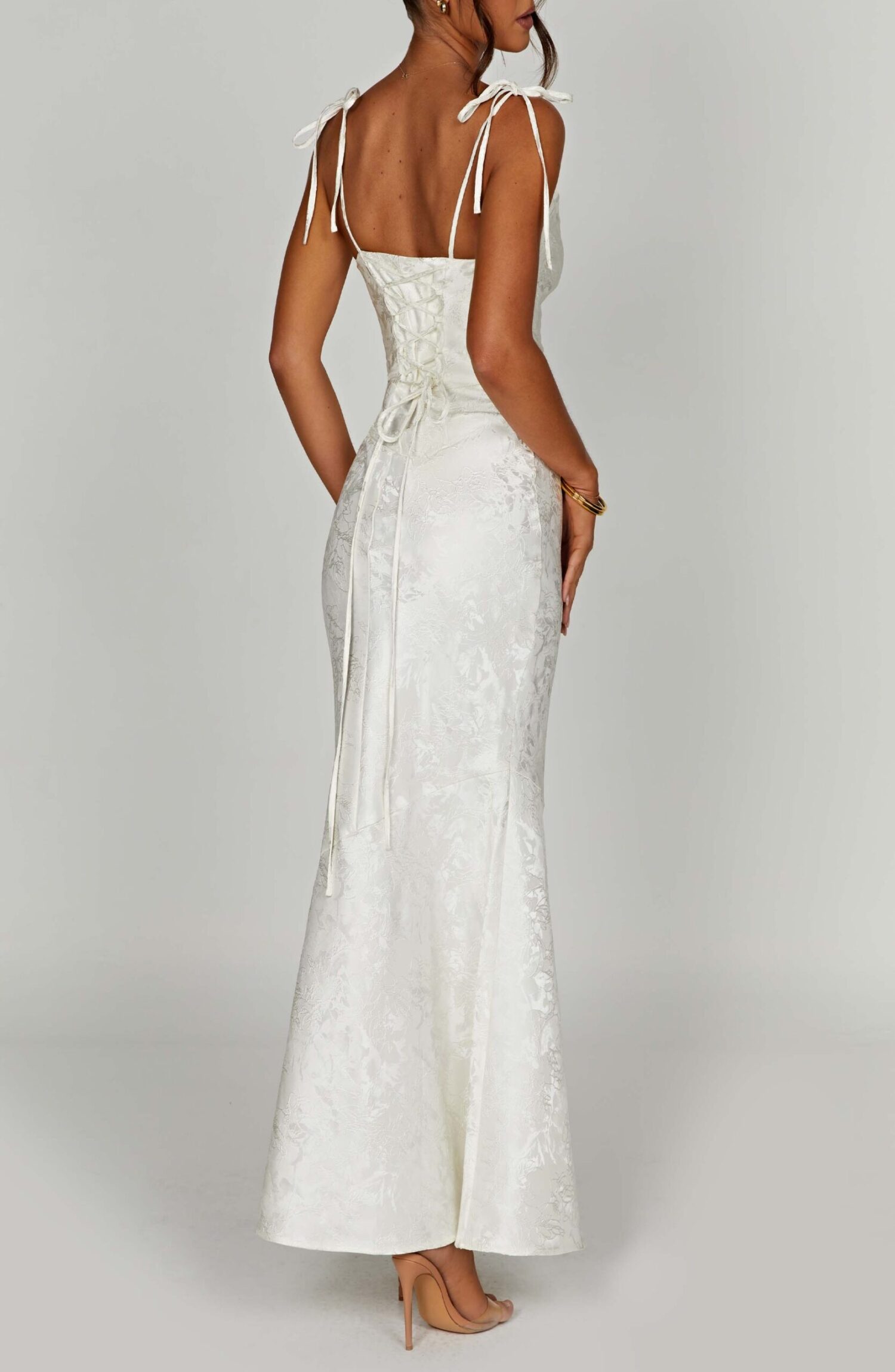 Ivory Floral Jacquard Maxi Dress with Tie Straps & Cowl Neck - Image 6
