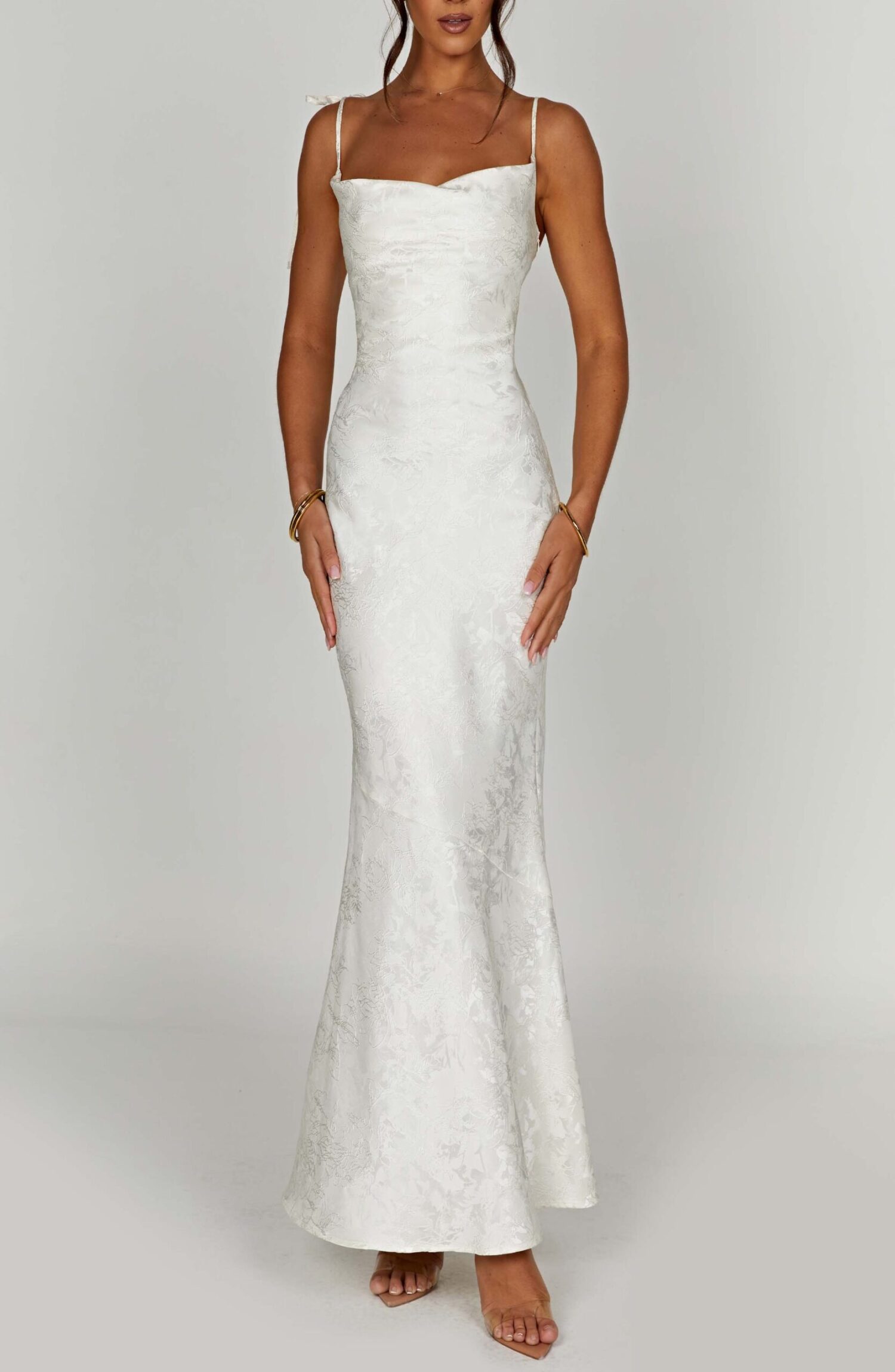 Ivory Floral Jacquard Maxi Dress with Tie Straps & Cowl Neck - Image 9