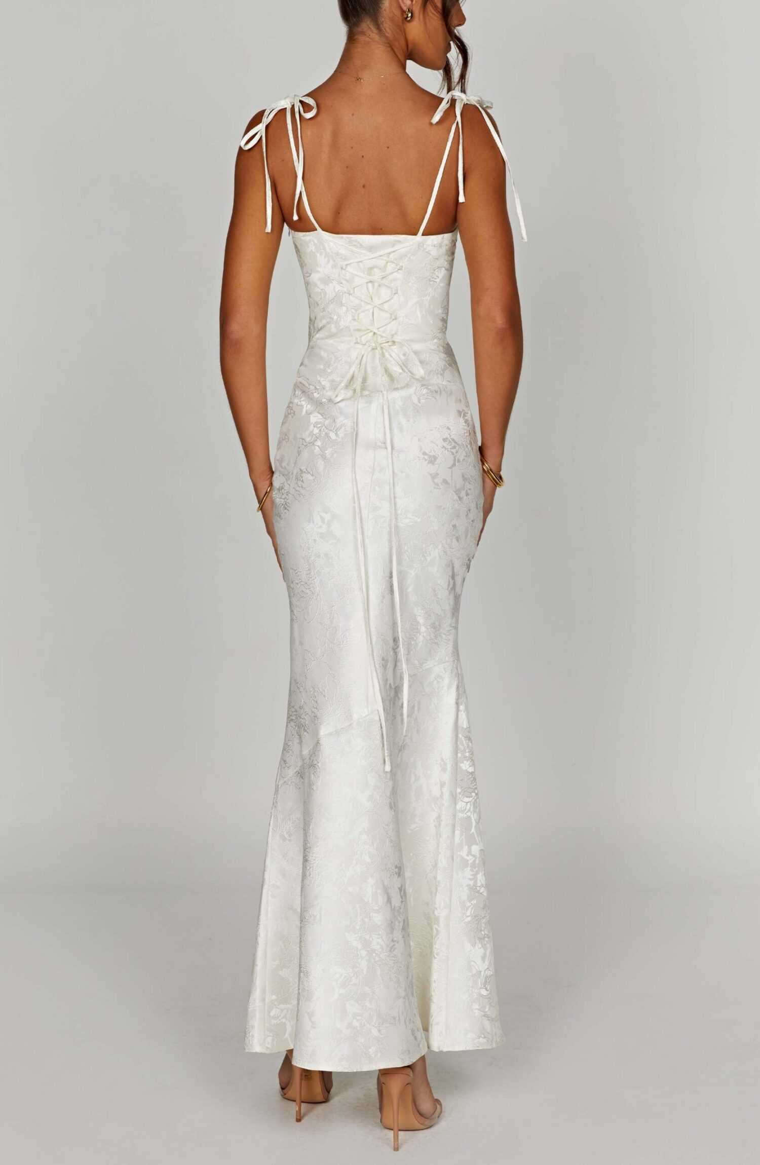 Ivory Floral Jacquard Maxi Dress with Tie Straps & Cowl Neck - Image 8