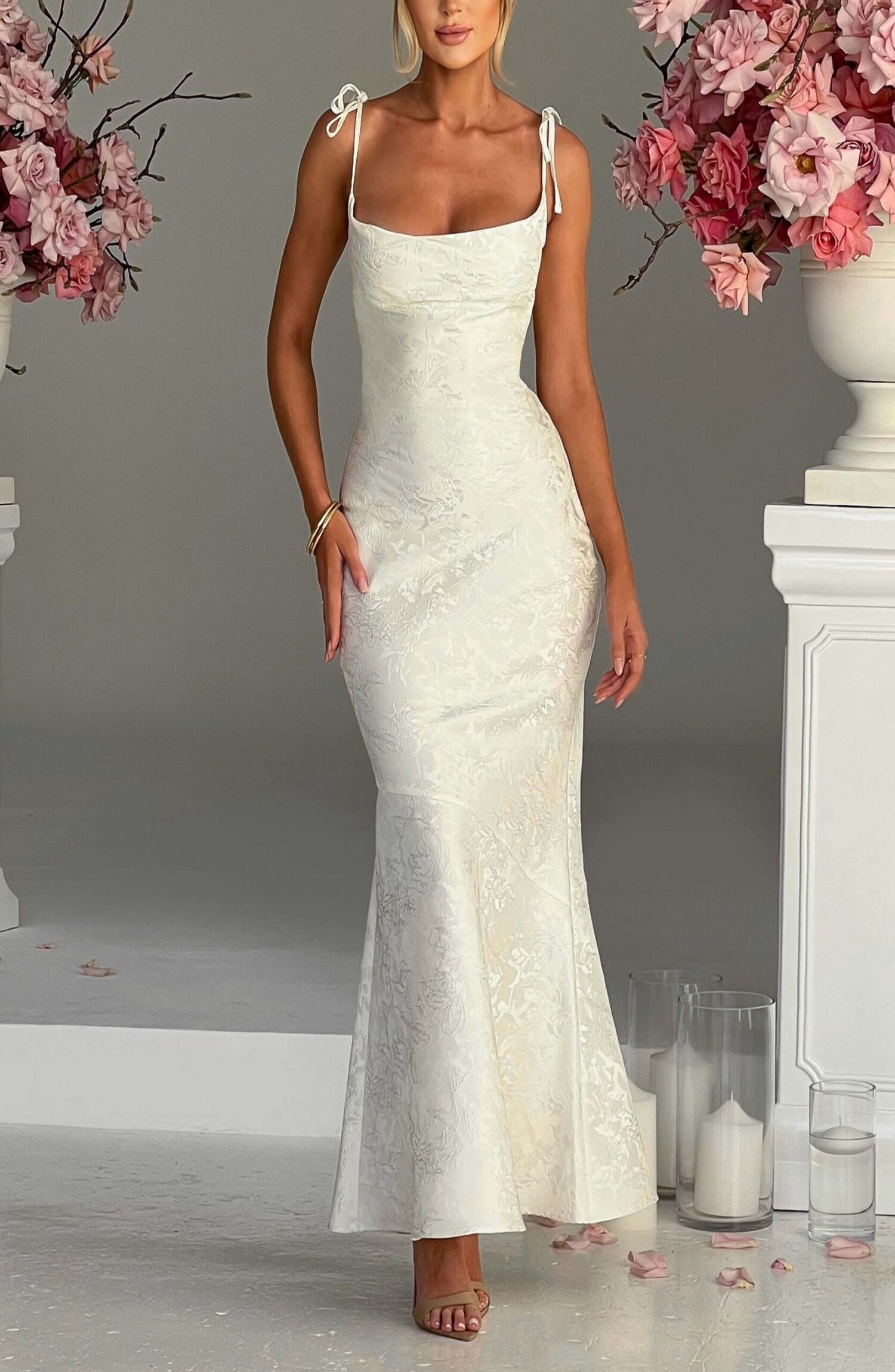 Ivory Floral Jacquard Maxi Dress with Tie Straps & Cowl Neck