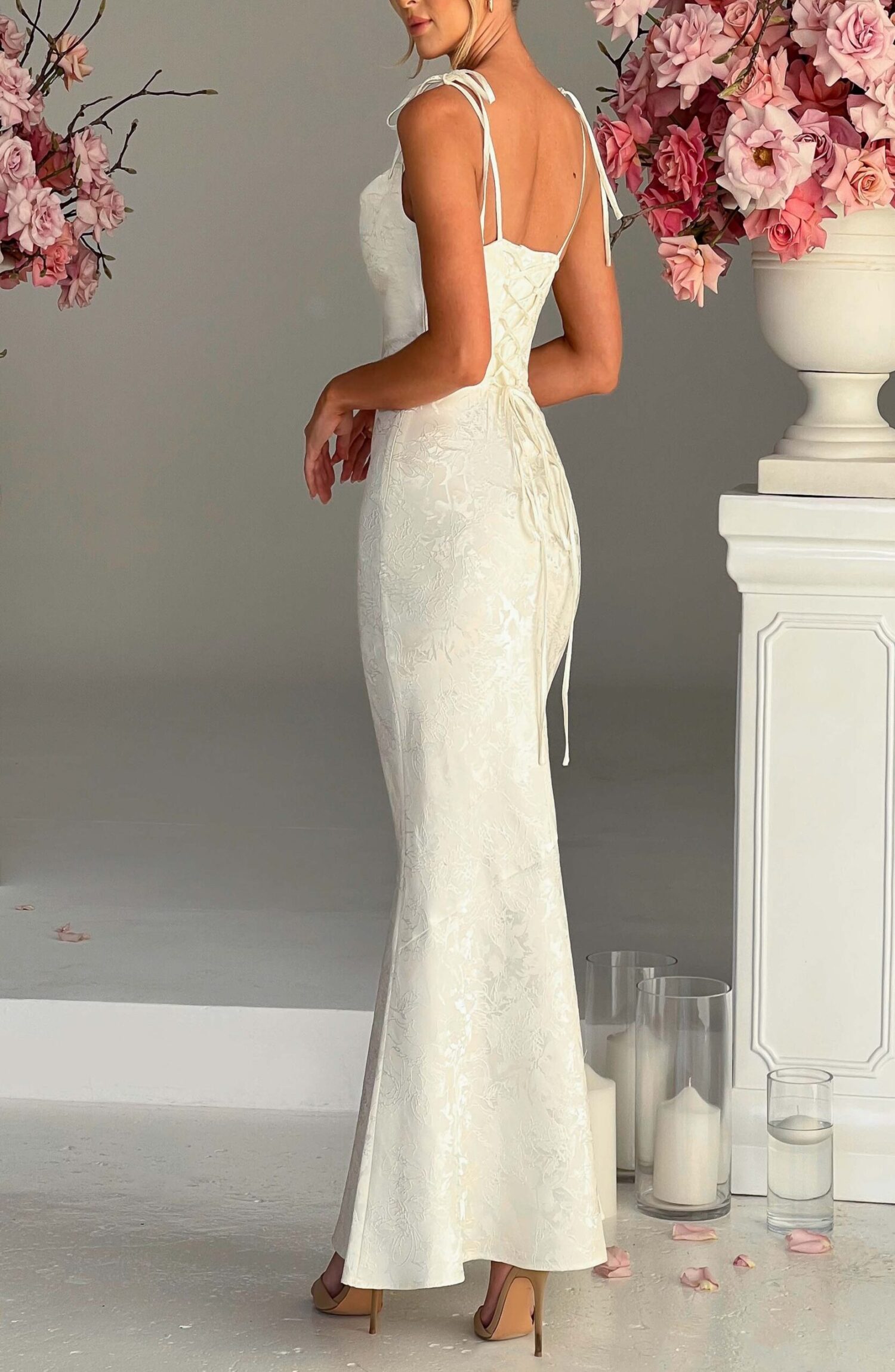 Ivory Floral Jacquard Maxi Dress with Tie Straps & Cowl Neck - Image 2