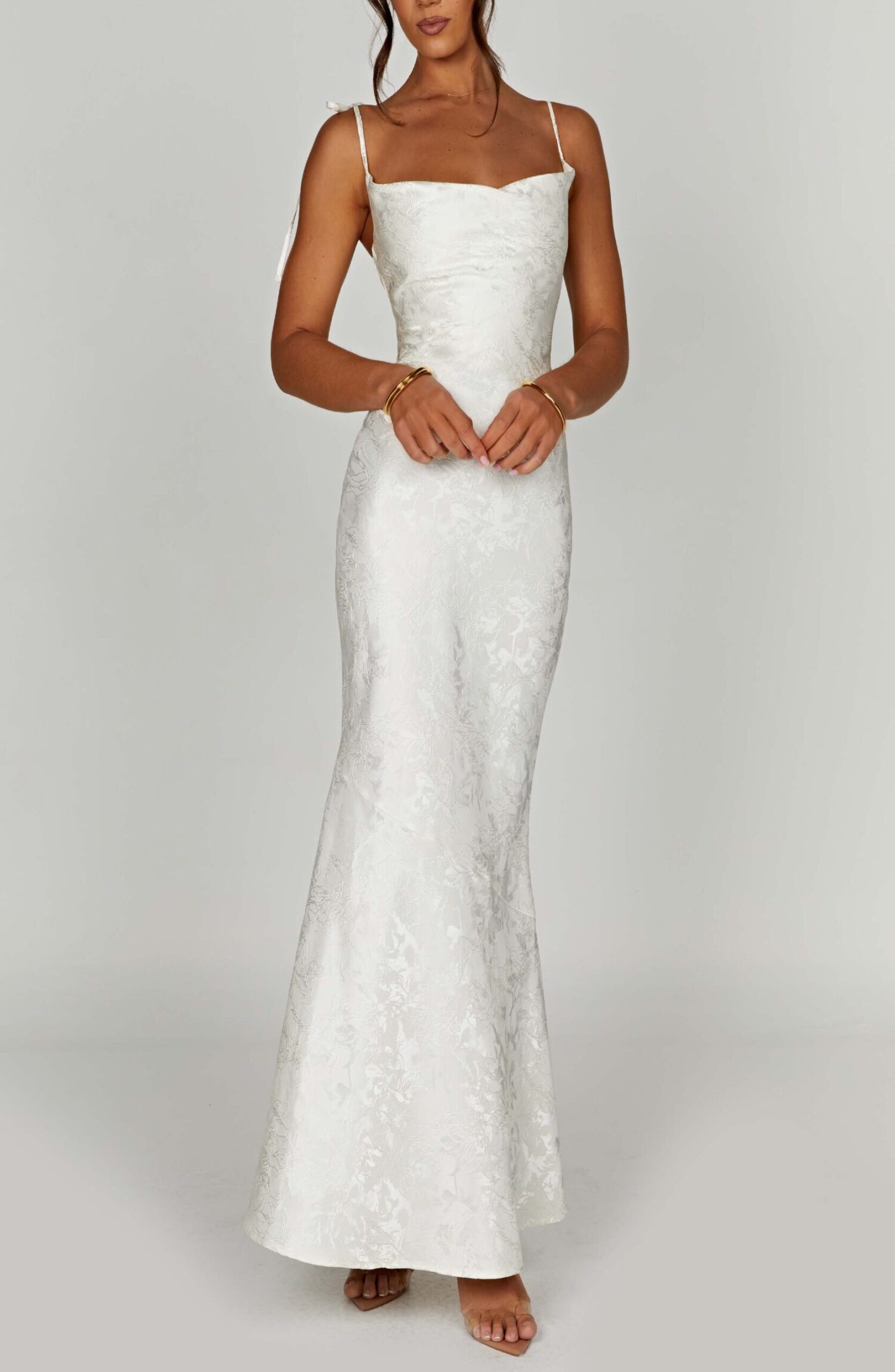 Ivory Floral Jacquard Maxi Dress with Tie Straps & Cowl Neck - Image 4