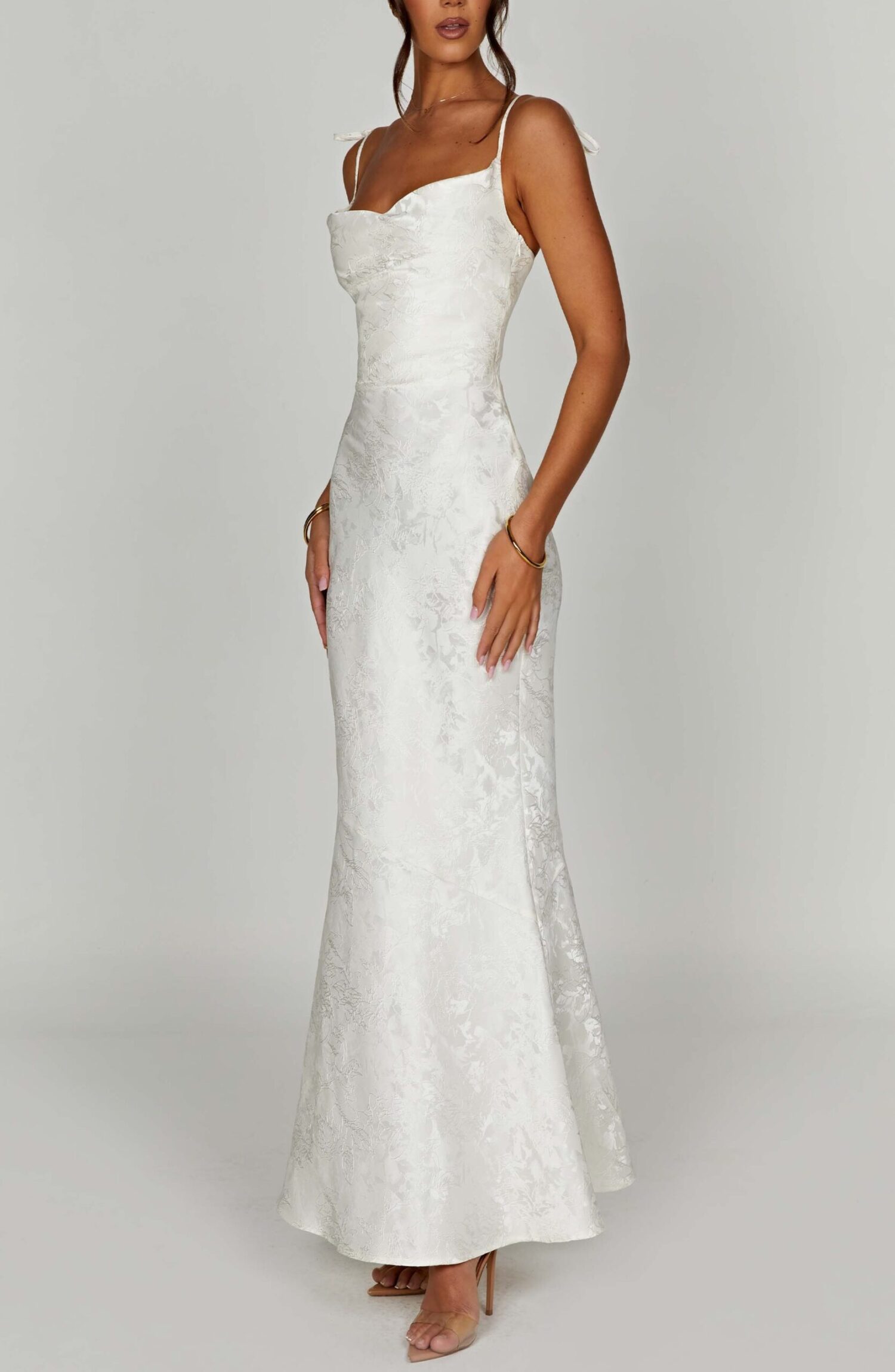 Ivory Floral Jacquard Maxi Dress with Tie Straps & Cowl Neck - Image 7