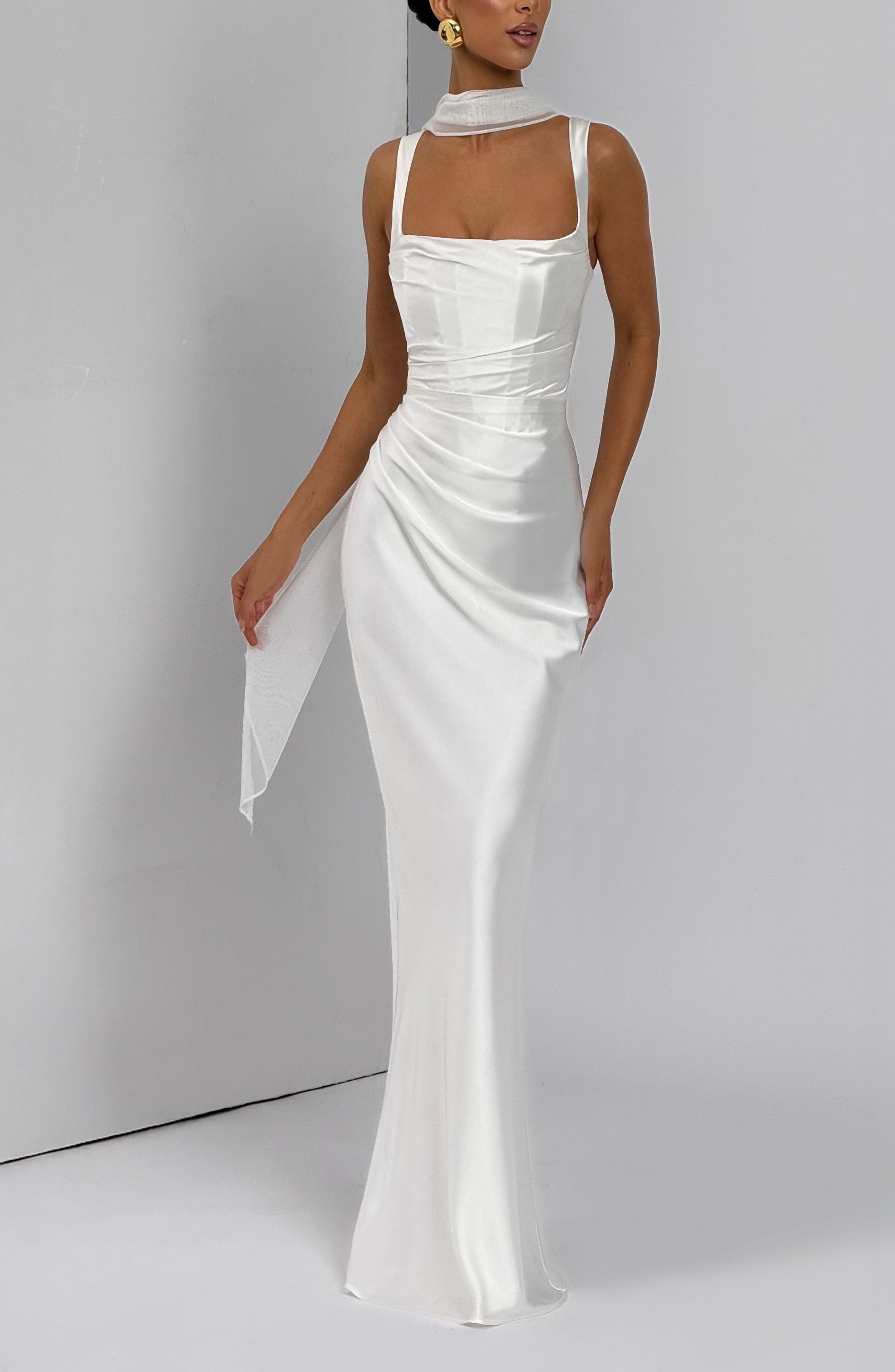 Ivory Satin Maxi Dress with Square Neckline & Pleated Detail - Image 7