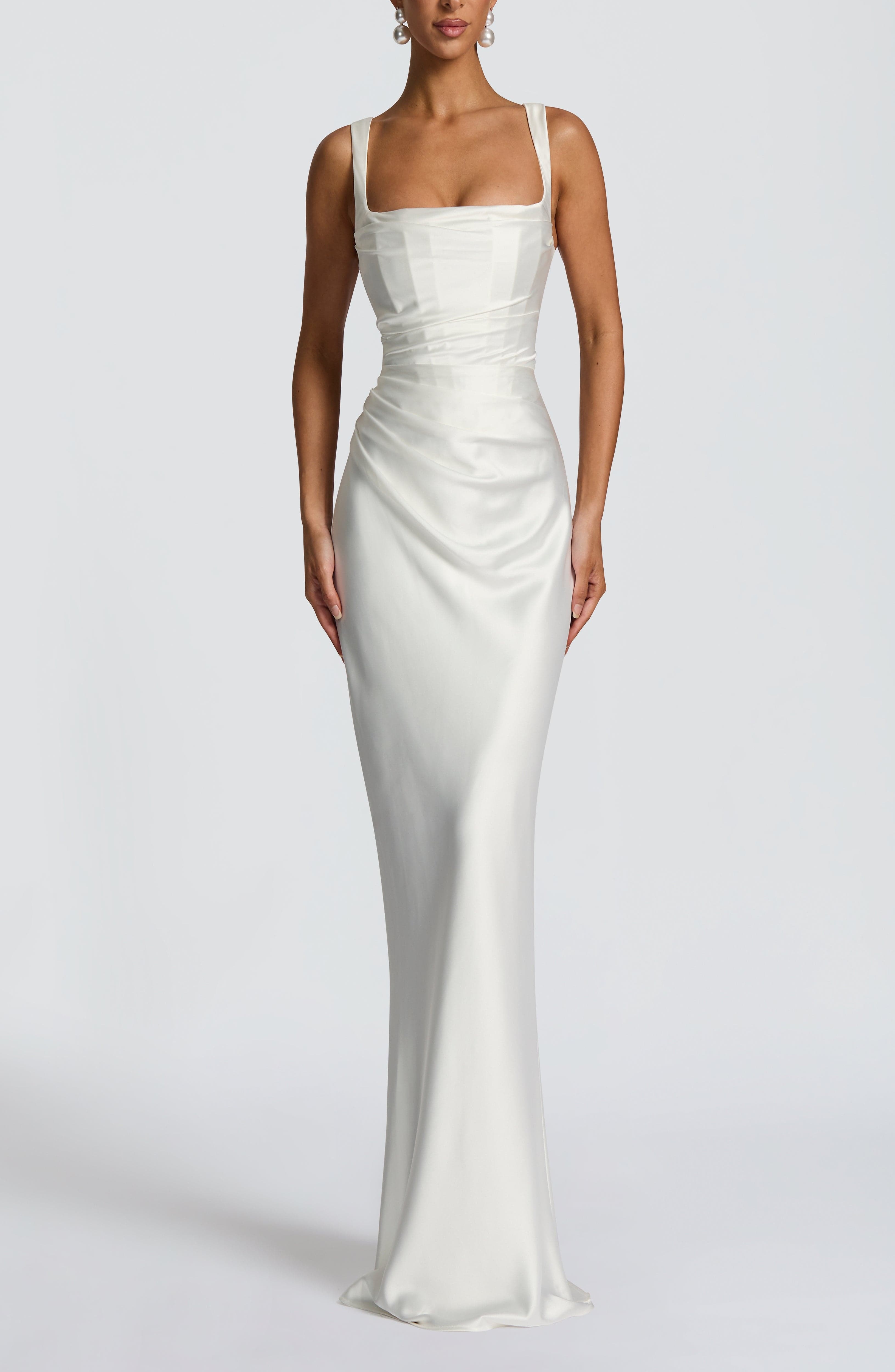 Ivory Satin Maxi Dress with Square Neckline & Pleated Detail - Image 5