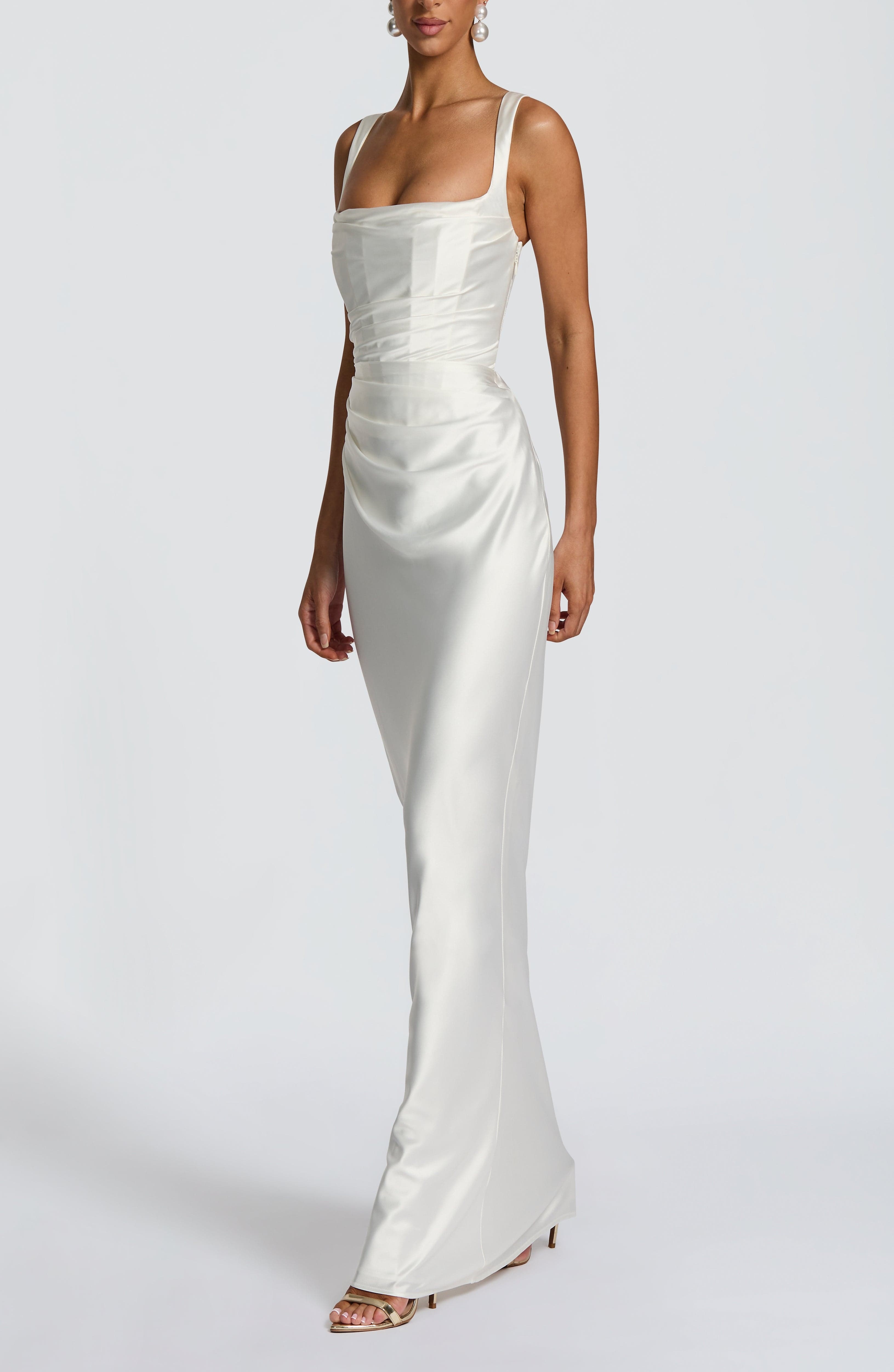 Ivory Satin Maxi Dress with Square Neckline & Pleated Detail - Image 6