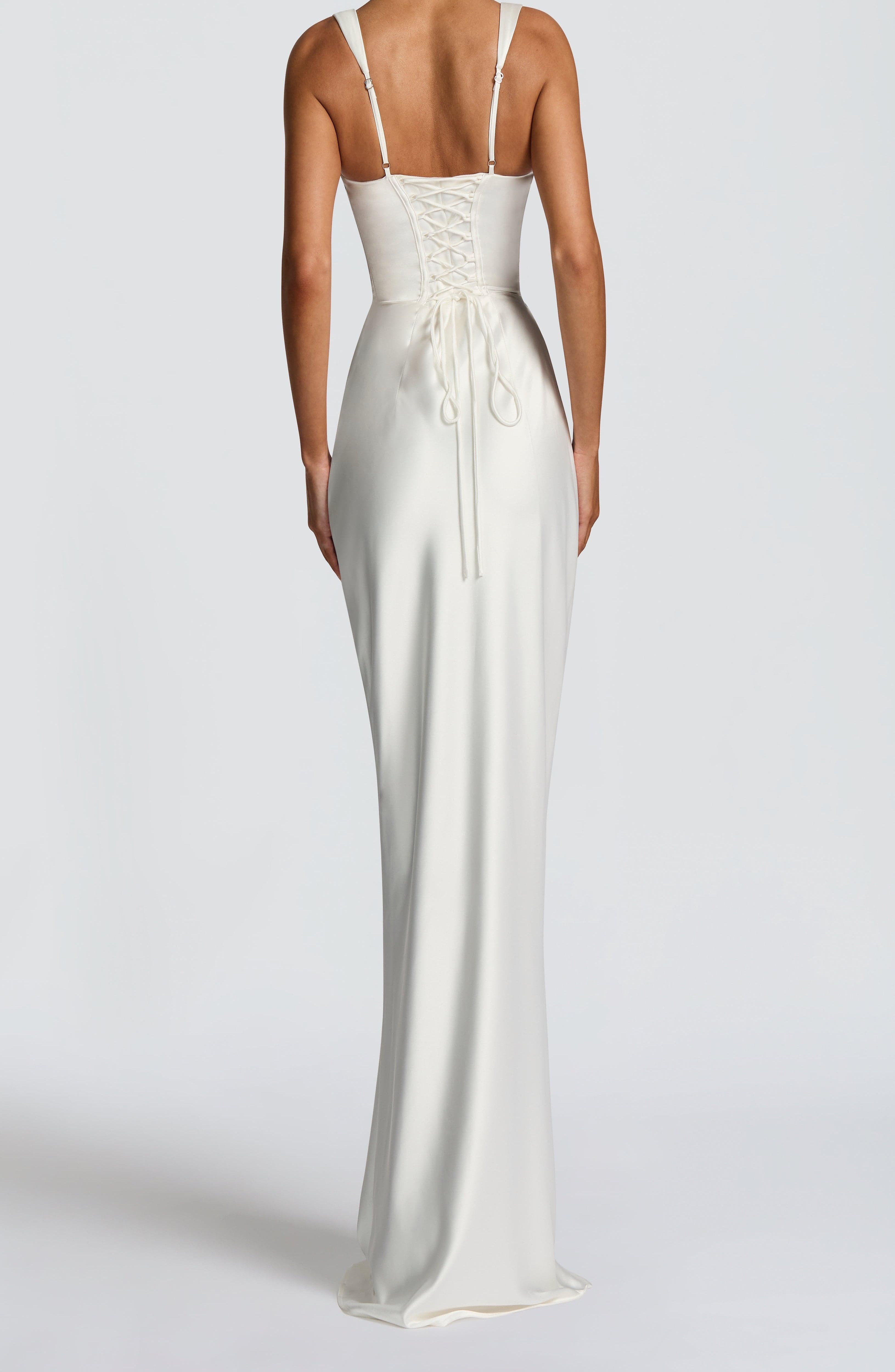 Ivory Satin Maxi Dress with Square Neckline & Pleated Detail - Image 3