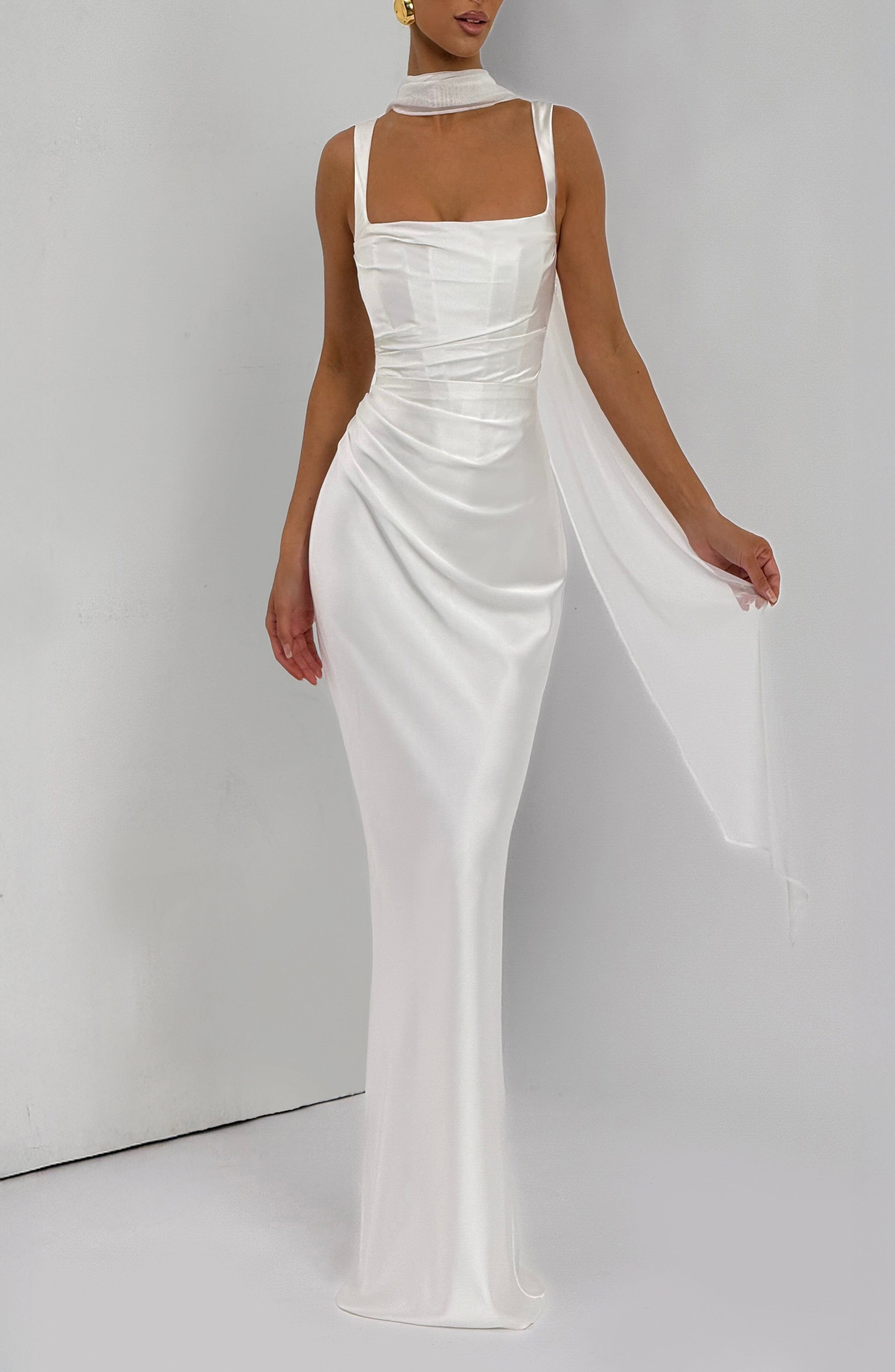 Ivory Satin Maxi Dress with Square Neckline & Pleated Detail - Image 2