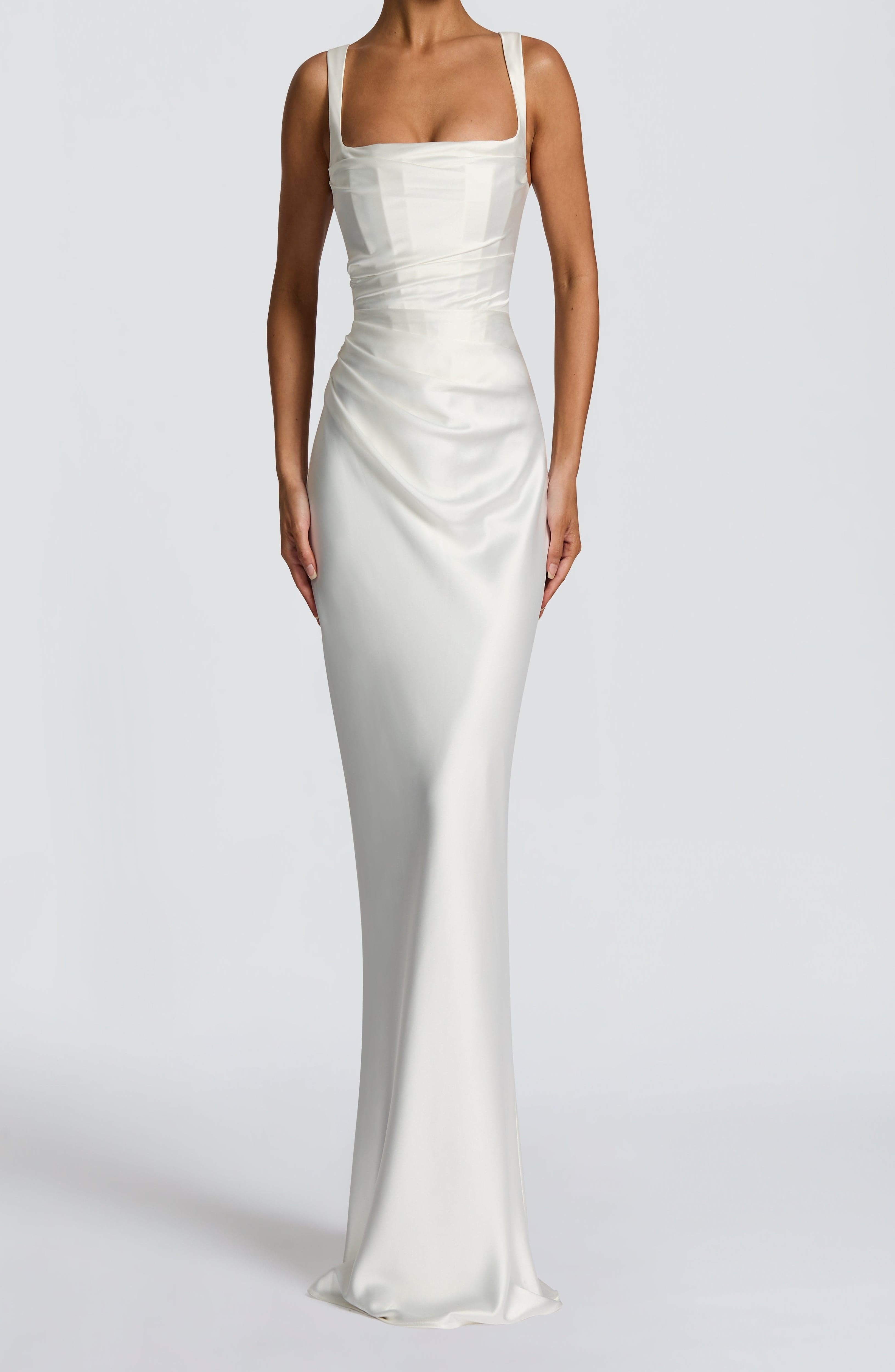 Ivory Satin Maxi Dress with Square Neckline & Pleated Detail