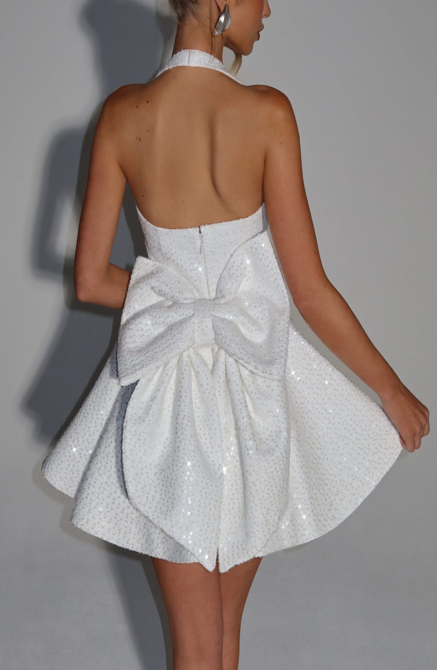 Ivory Sequin Tweed Halterneck Mini Dress with Bow - Image 2