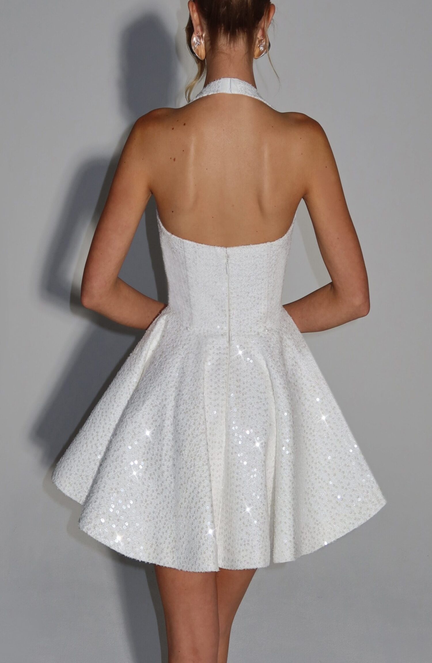 Ivory Sequin Tweed Halterneck Mini Dress with Bow - Image 5