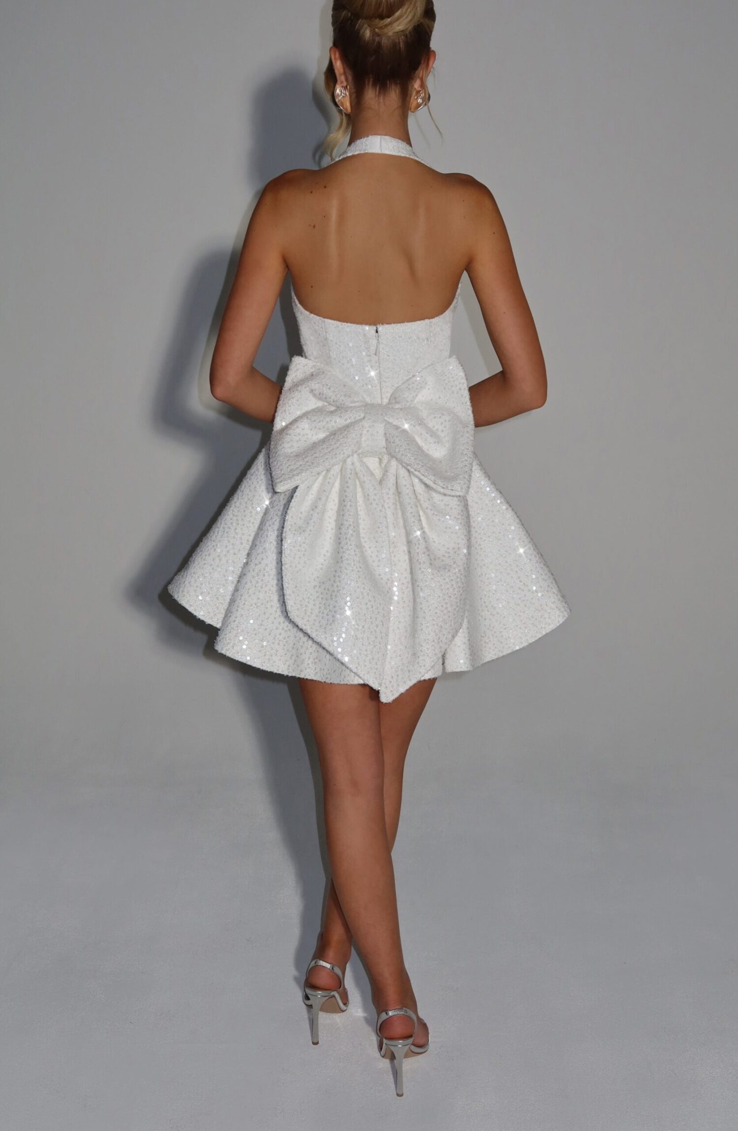 Ivory Sequin Tweed Halterneck Mini Dress with Bow - Image 6