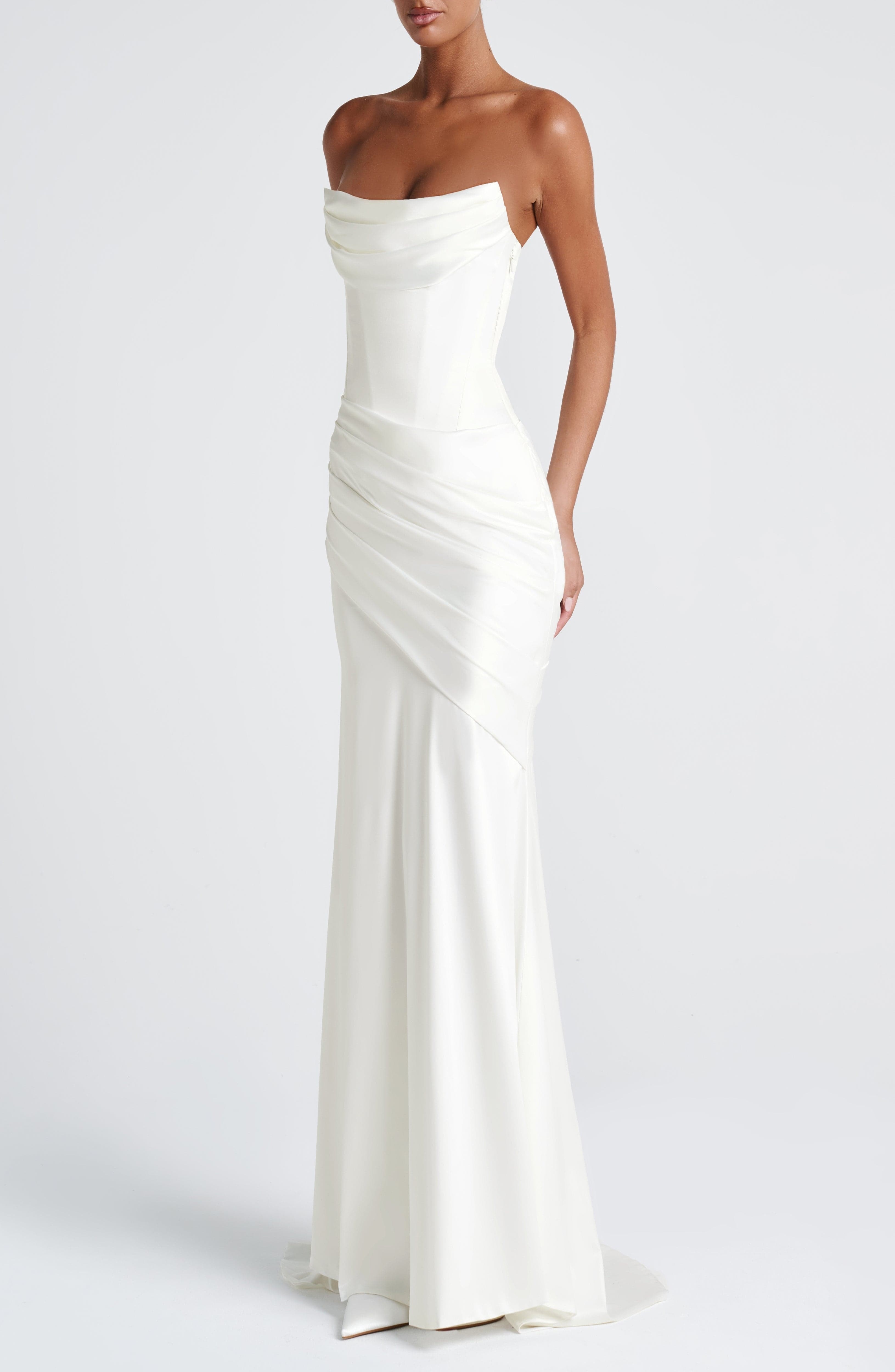 Ivory Strapless Cowl Neck Mermaid Maxi Dress with Train - Image 9