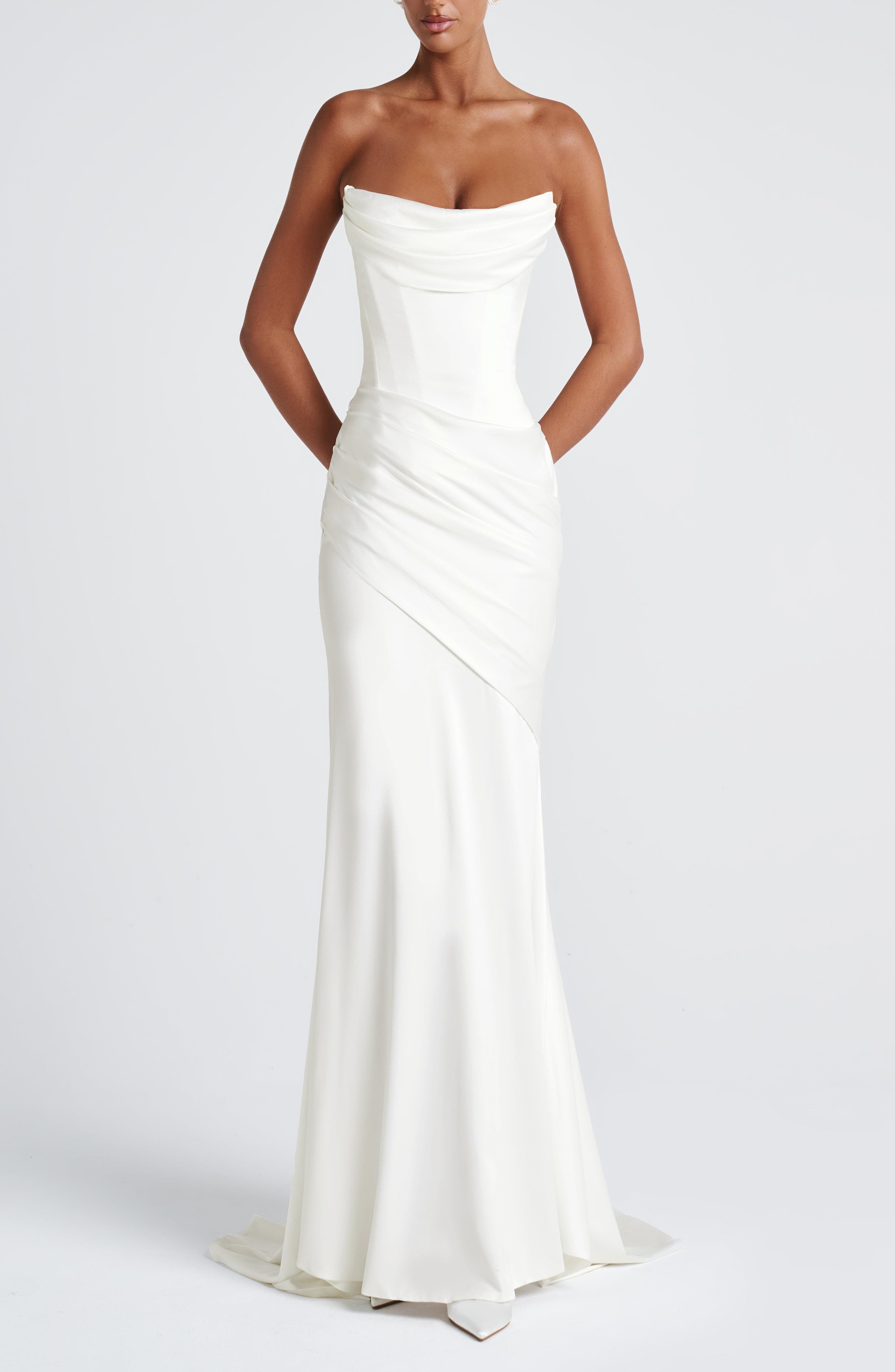 Ivory Strapless Cowl Neck Mermaid Maxi Dress with Train - Image 12