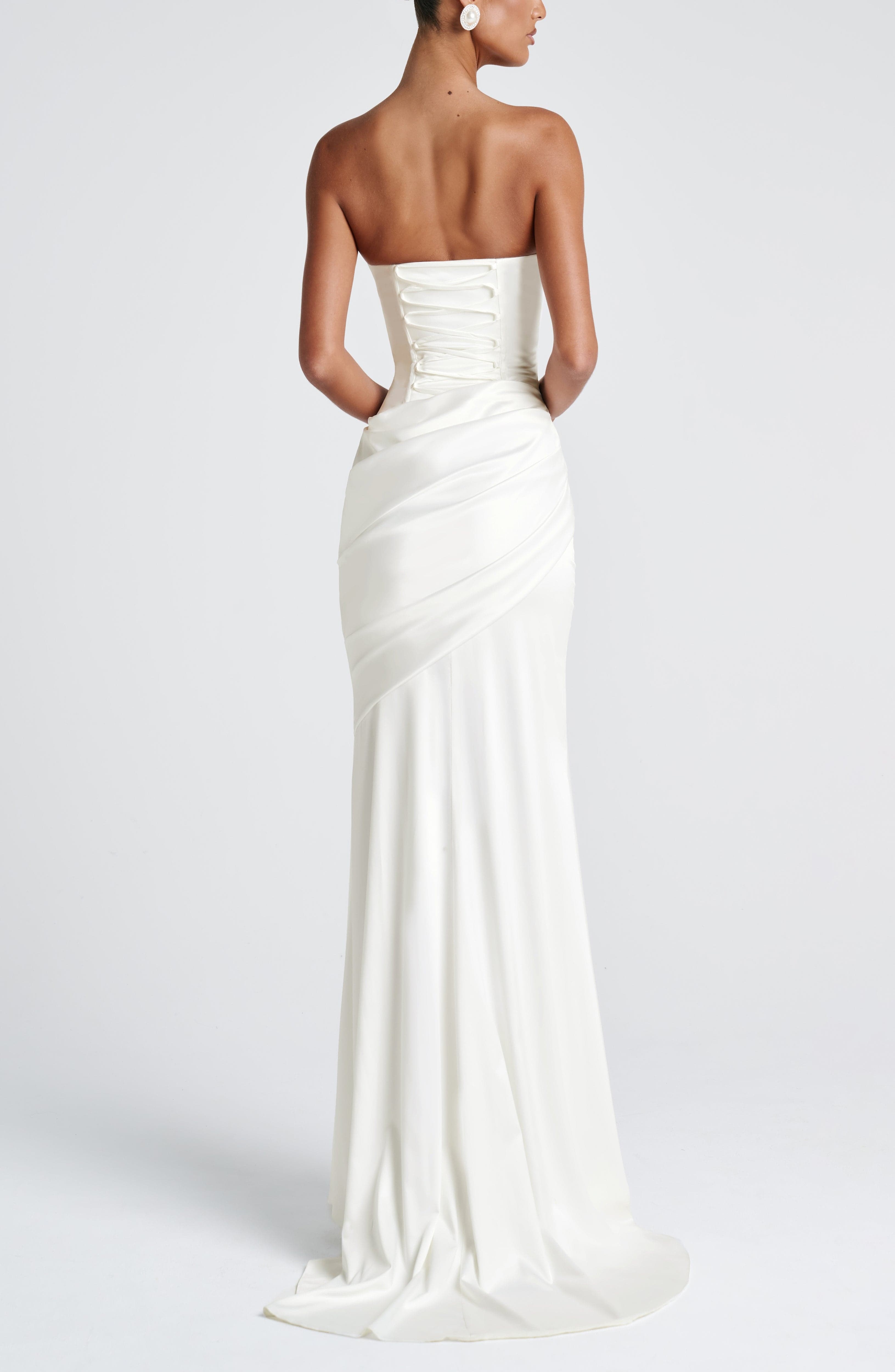Ivory Strapless Cowl Neck Mermaid Maxi Dress with Train - Image 10