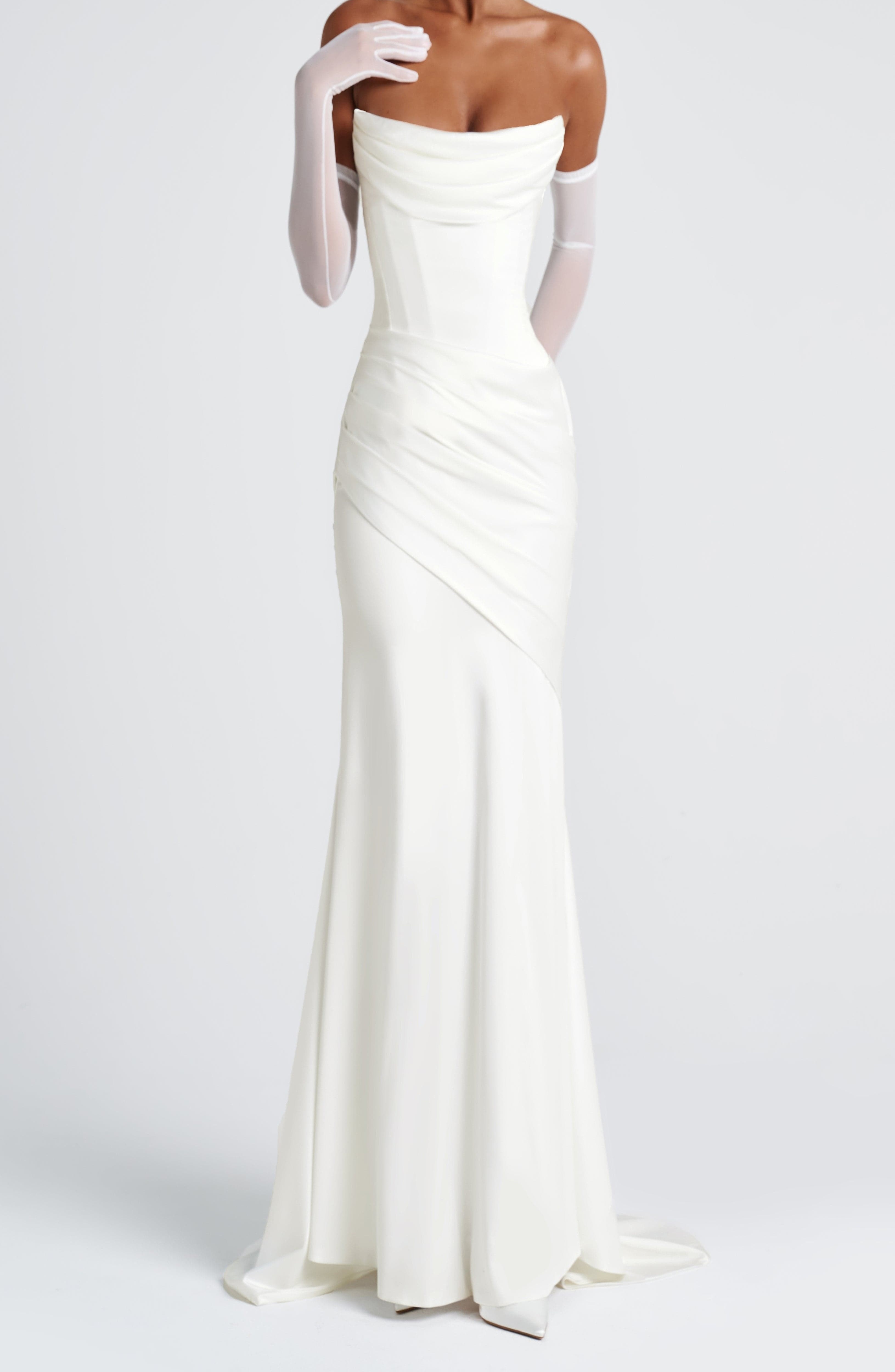 Ivory Strapless Cowl Neck Mermaid Maxi Dress with Train - Image 7