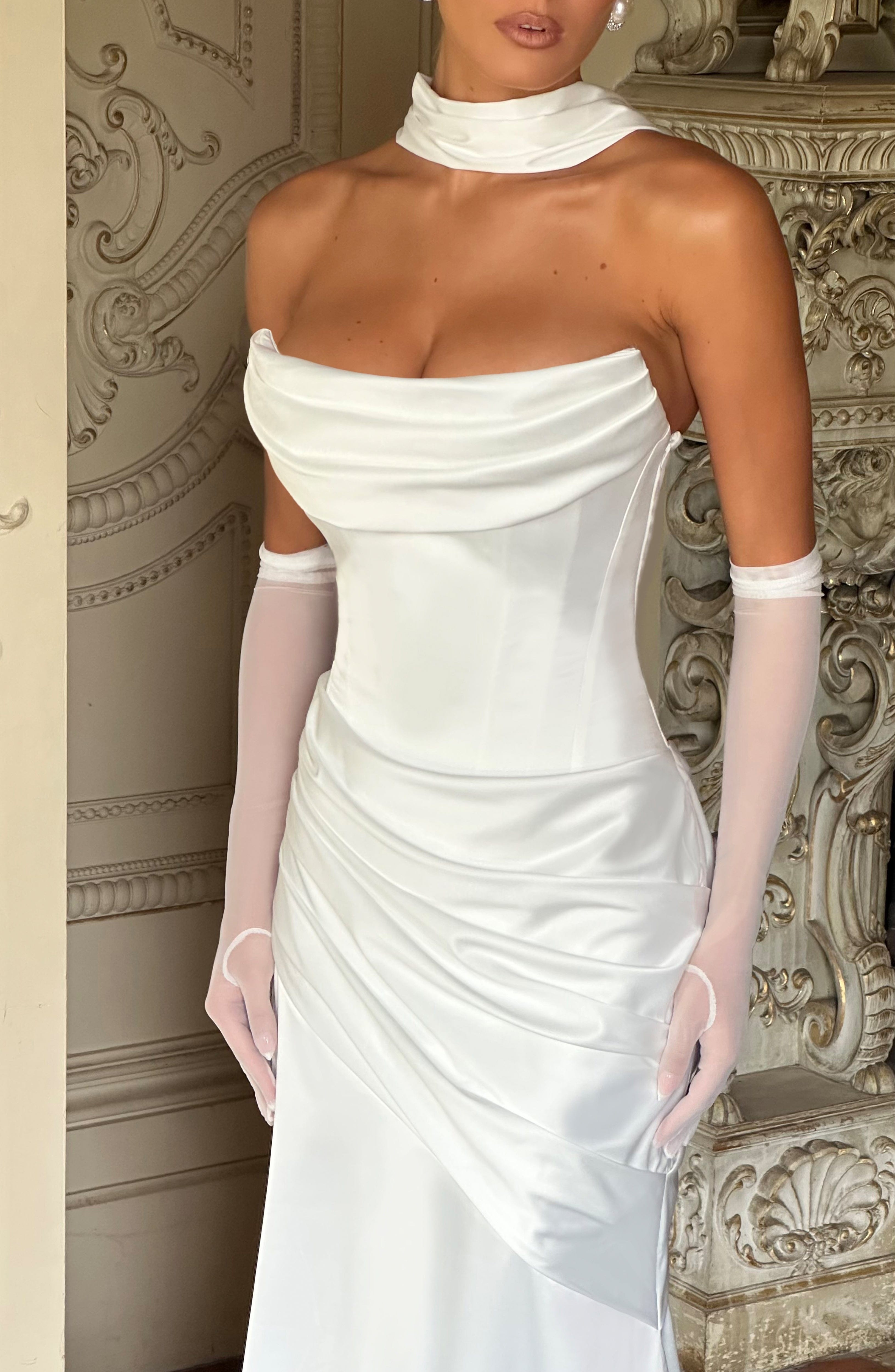 Ivory Strapless Cowl Neck Mermaid Maxi Dress with Train - Image 5