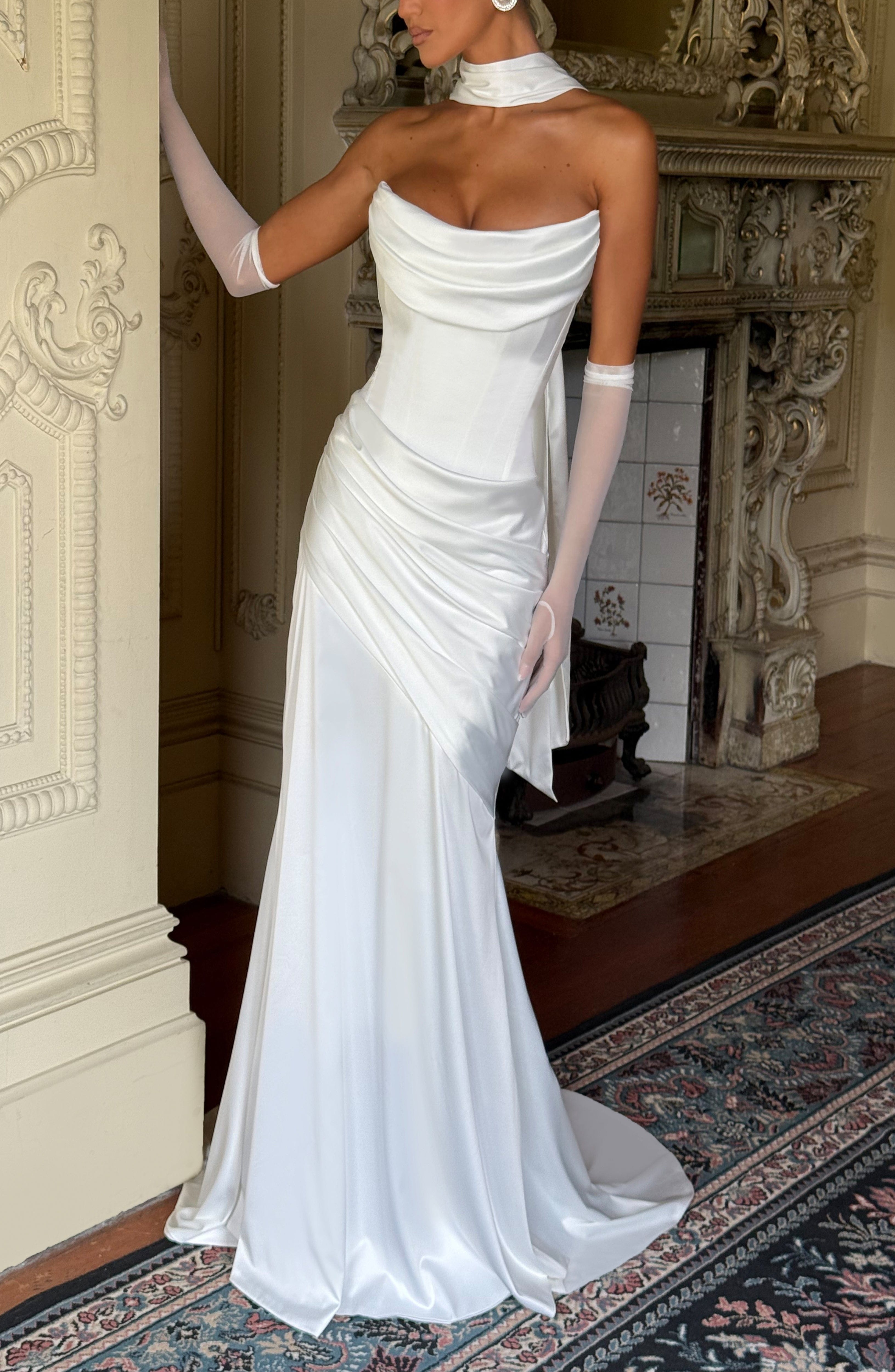 Ivory Strapless Cowl Neck Mermaid Maxi Dress with Train