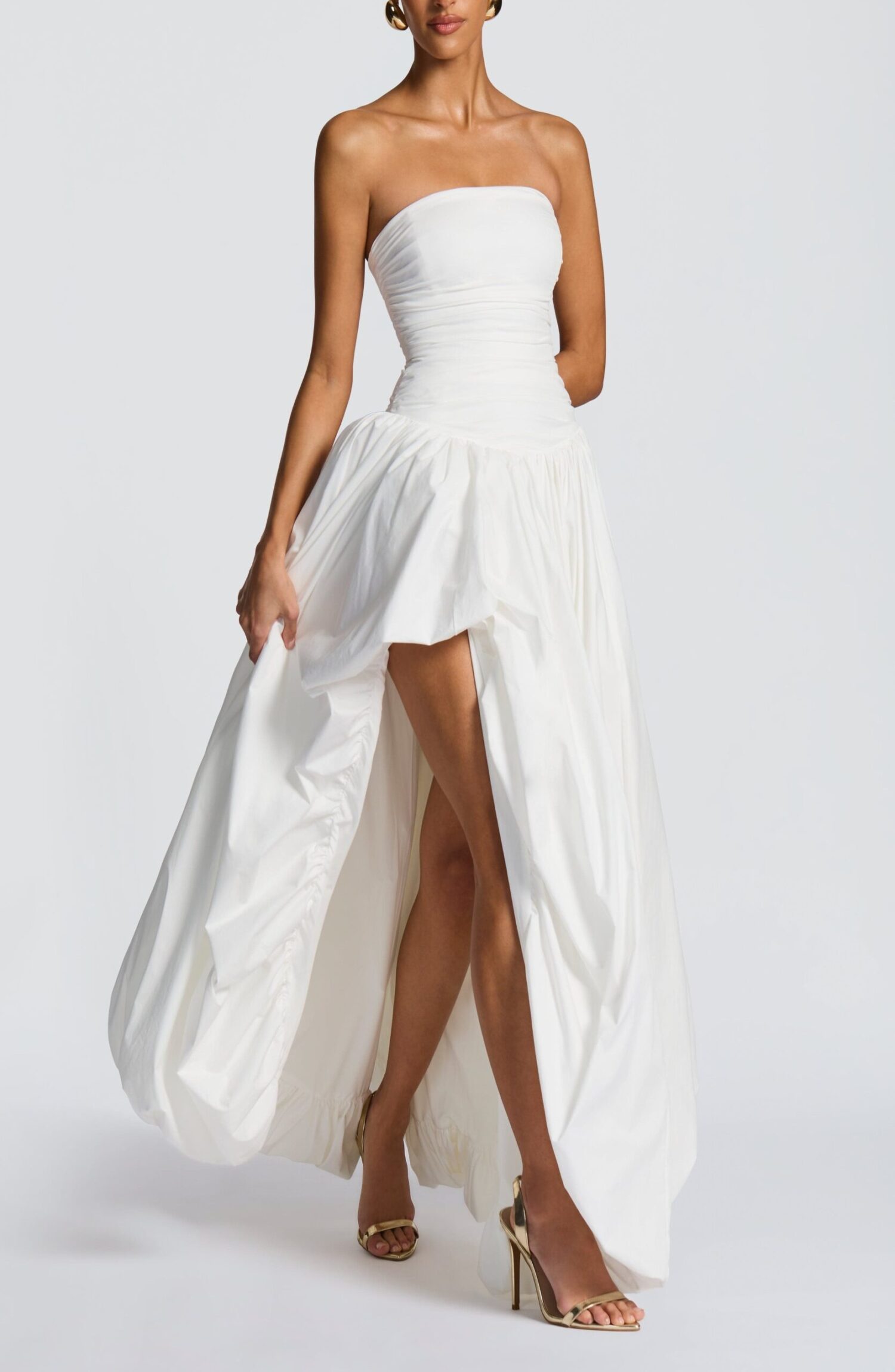 Ivory Strapless Ruched Maxi Dress Puff Ball Skirt Thigh Split - Image 5