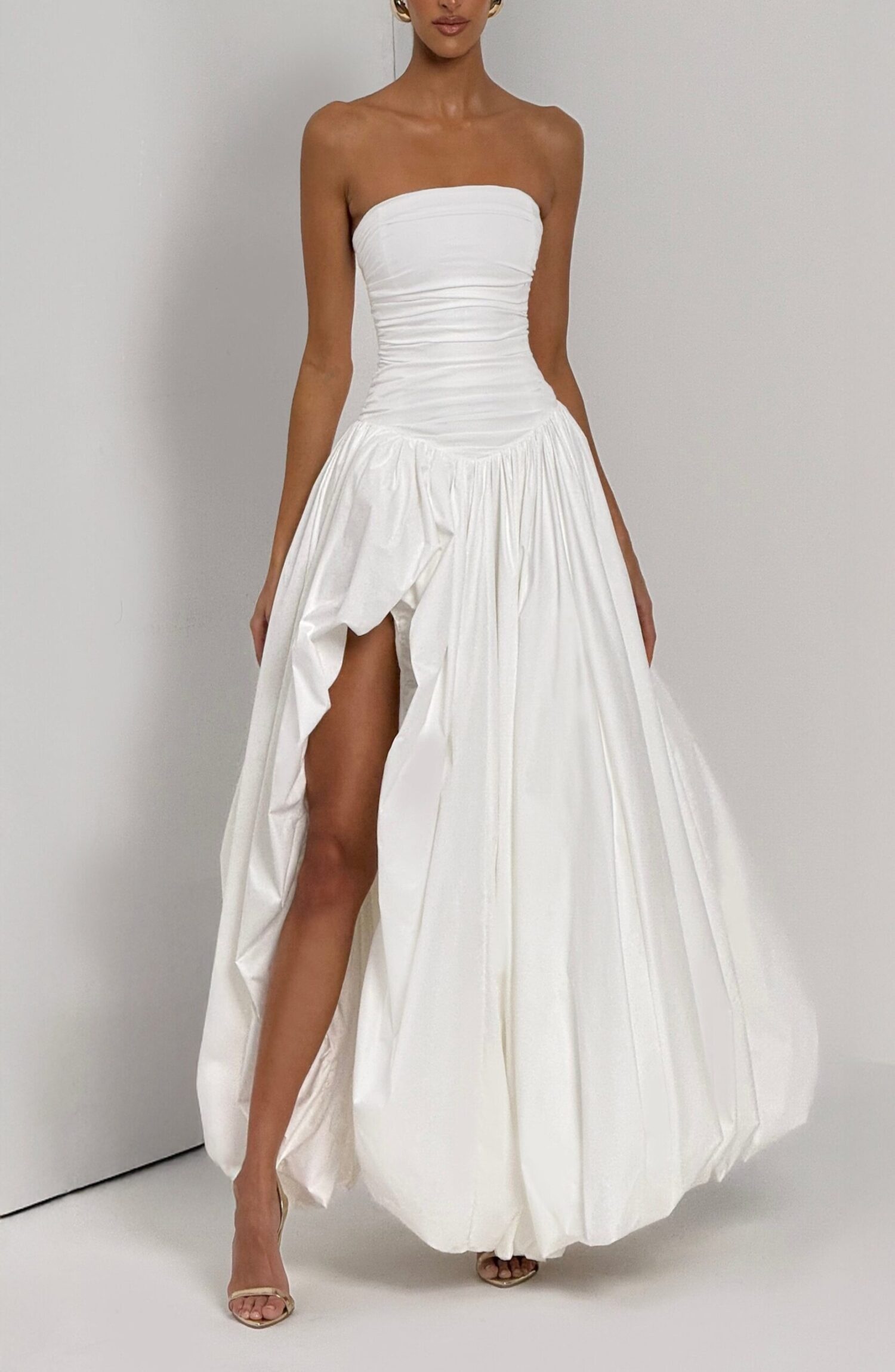 Ivory Strapless Ruched Maxi Dress Puff Ball Skirt Thigh Split - Image 6