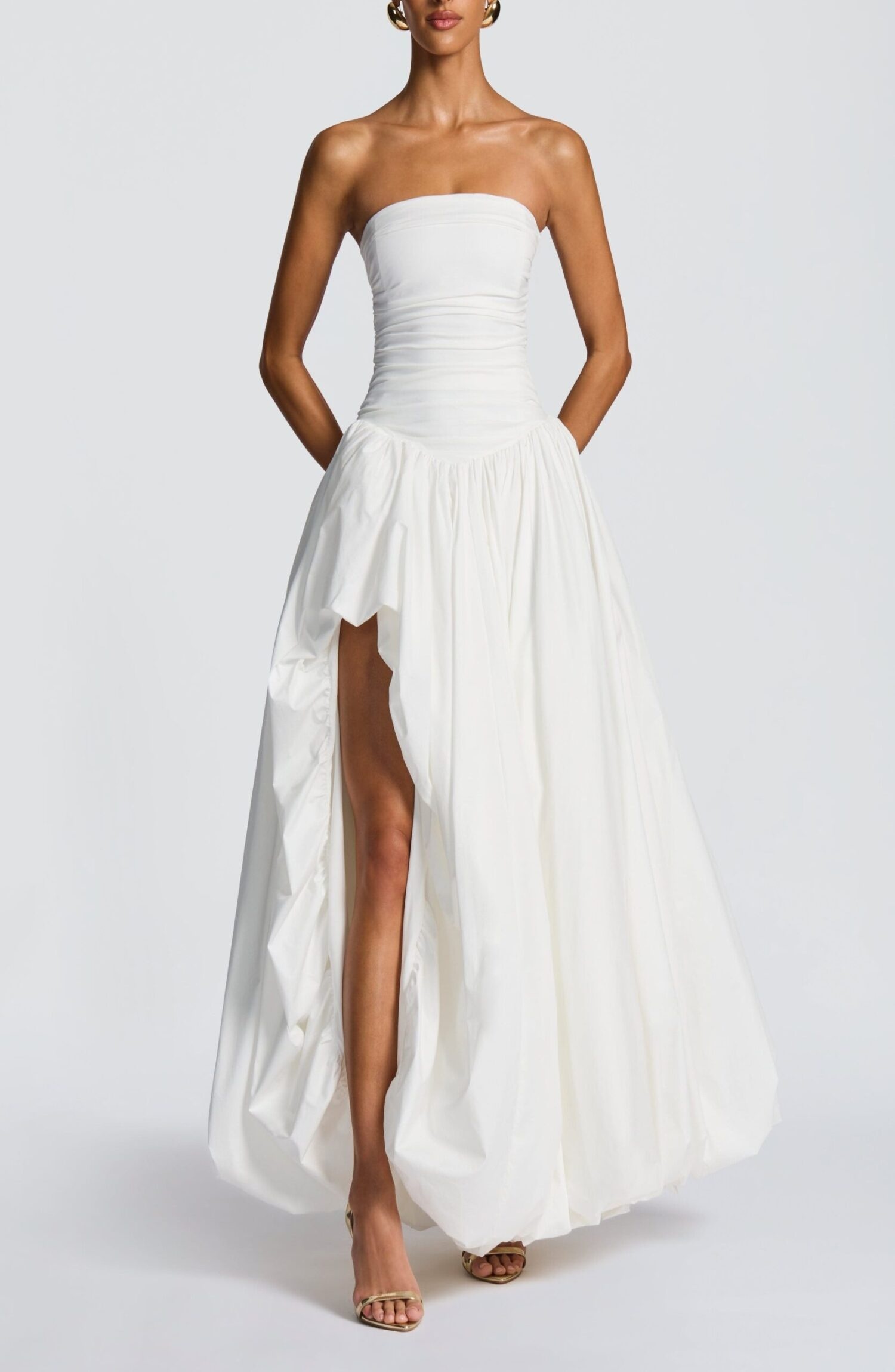 Ivory Strapless Ruched Maxi Dress Puff Ball Skirt Thigh Split - Image 8