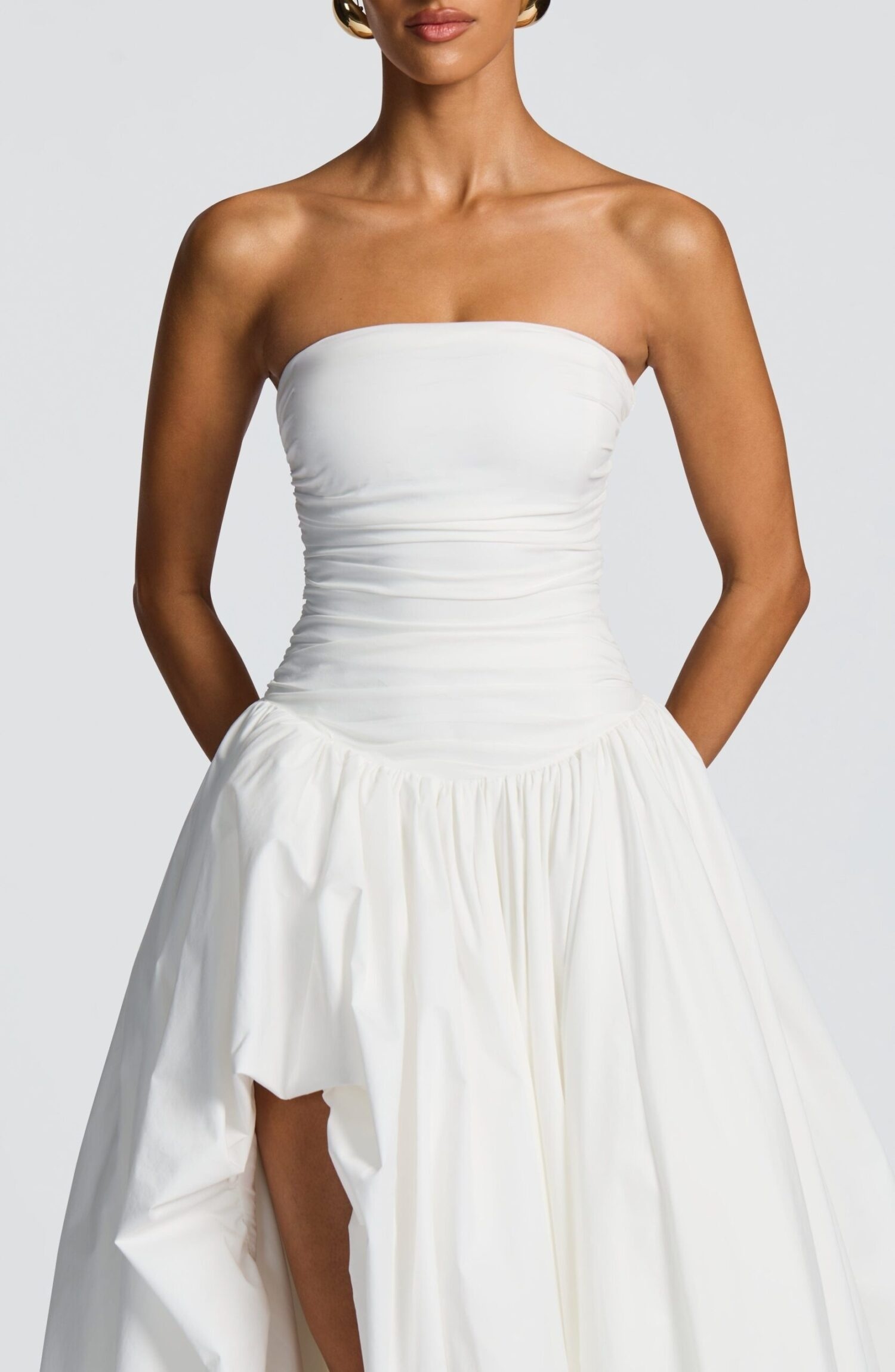 Ivory Strapless Ruched Maxi Dress Puff Ball Skirt Thigh Split - Image 7