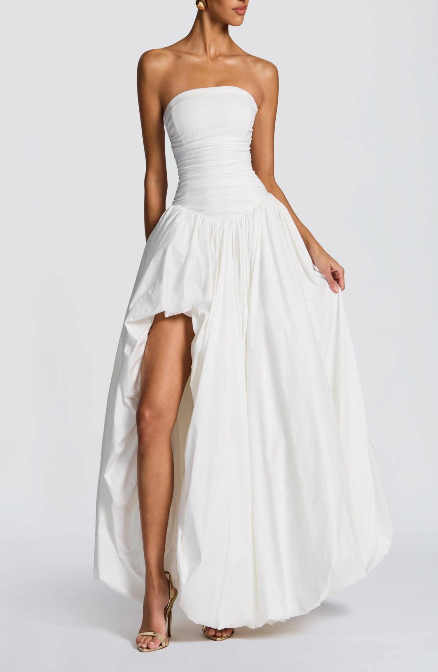 Ivory Strapless Ruched Maxi Dress Puff Ball Skirt Thigh Split - Image 2