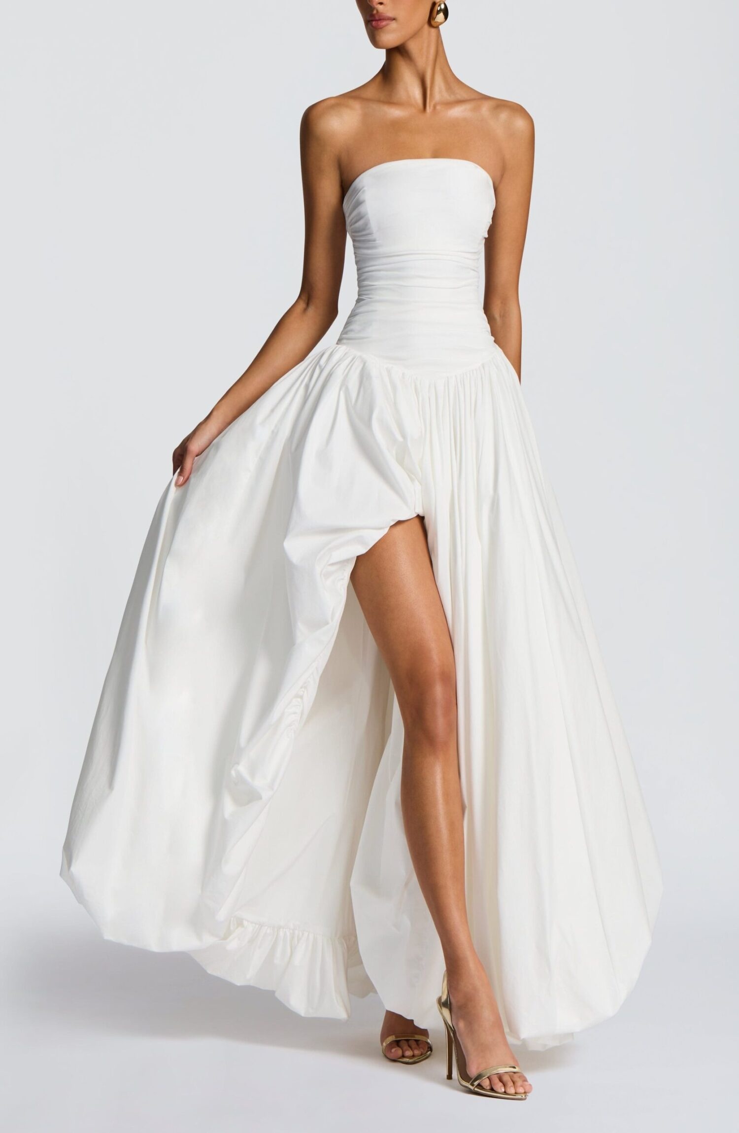 Ivory Strapless Ruched Maxi Dress Puff Ball Skirt Thigh Split - Image 3