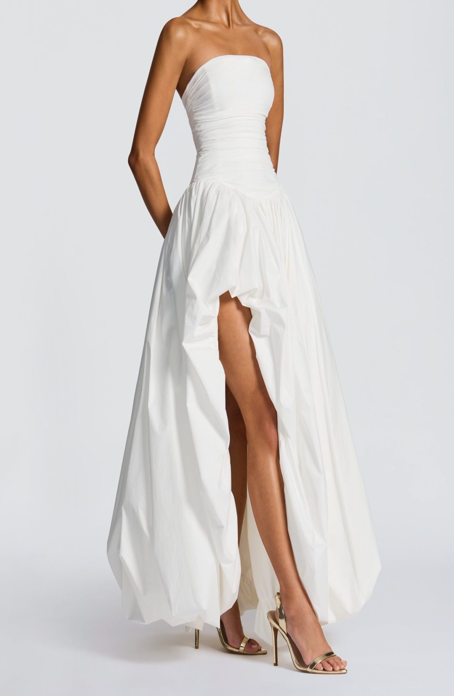 Ivory Strapless Ruched Maxi Dress Puff Ball Skirt Thigh Split - Image 9