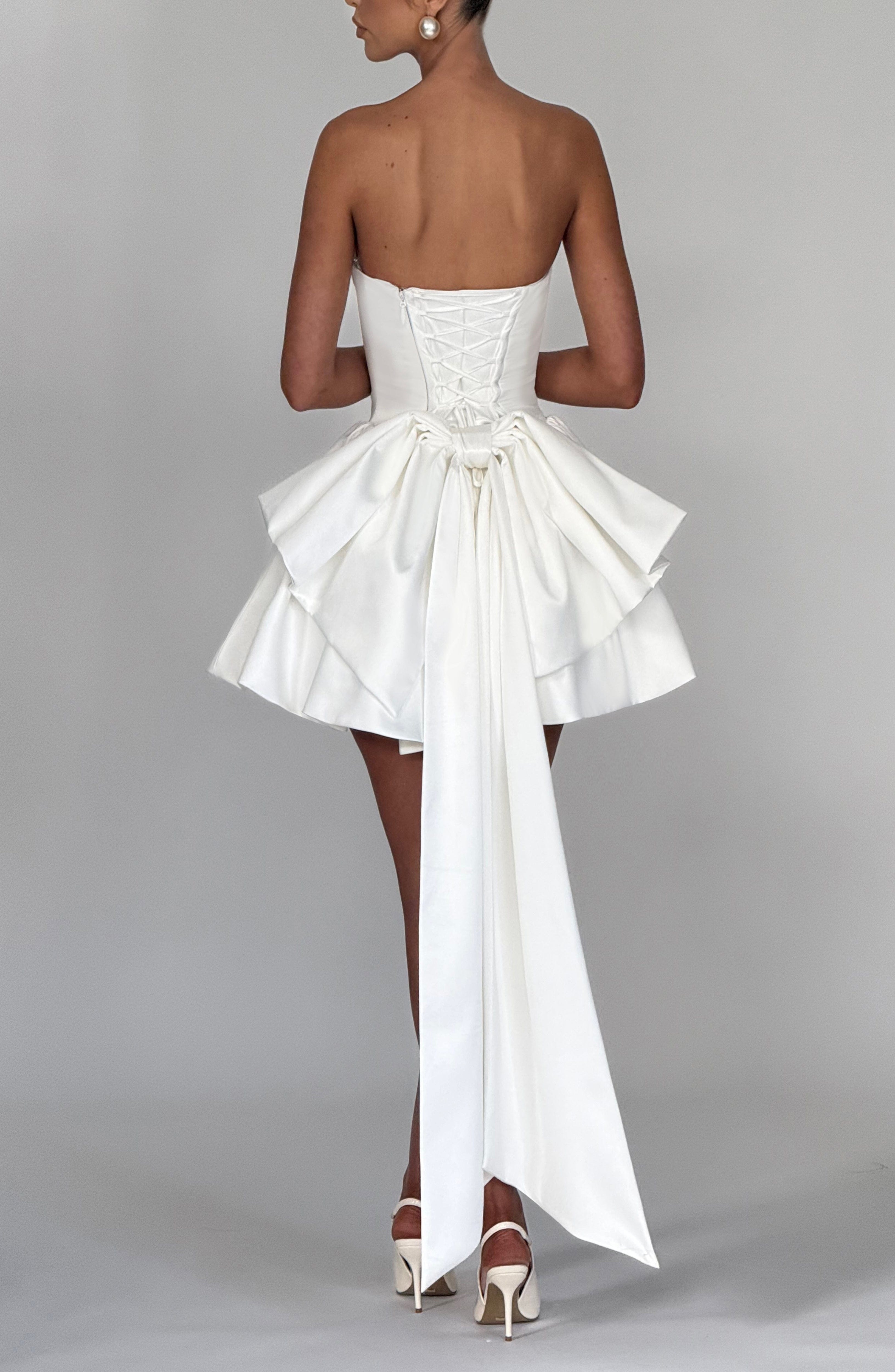 Ivory Stretch Satin Strapless Mini Dress with Bow - Image 4