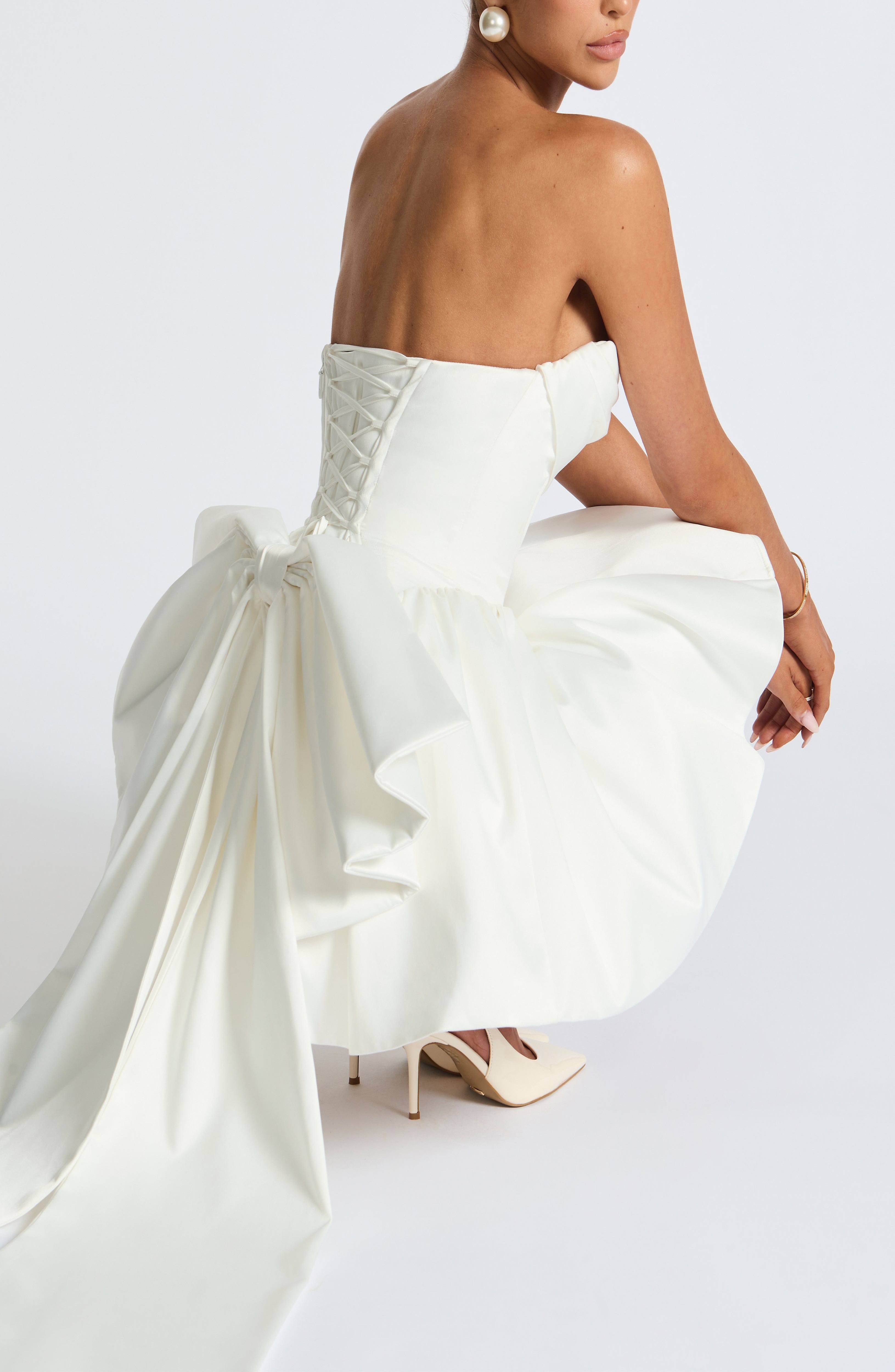 Ivory Stretch Satin Strapless Mini Dress with Bow - Image 7