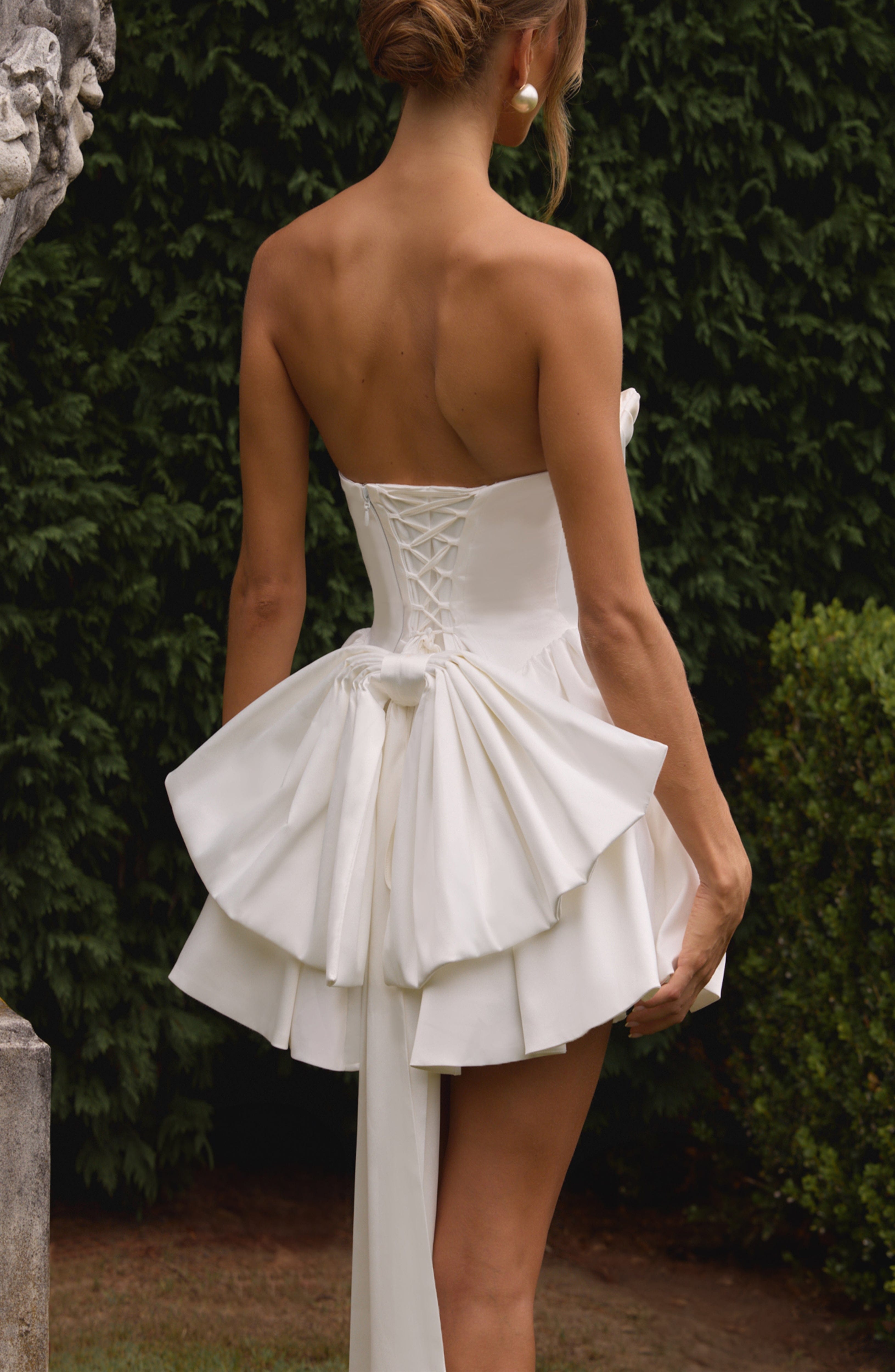 Ivory Stretch Satin Strapless Mini Dress with Bow - Image 2
