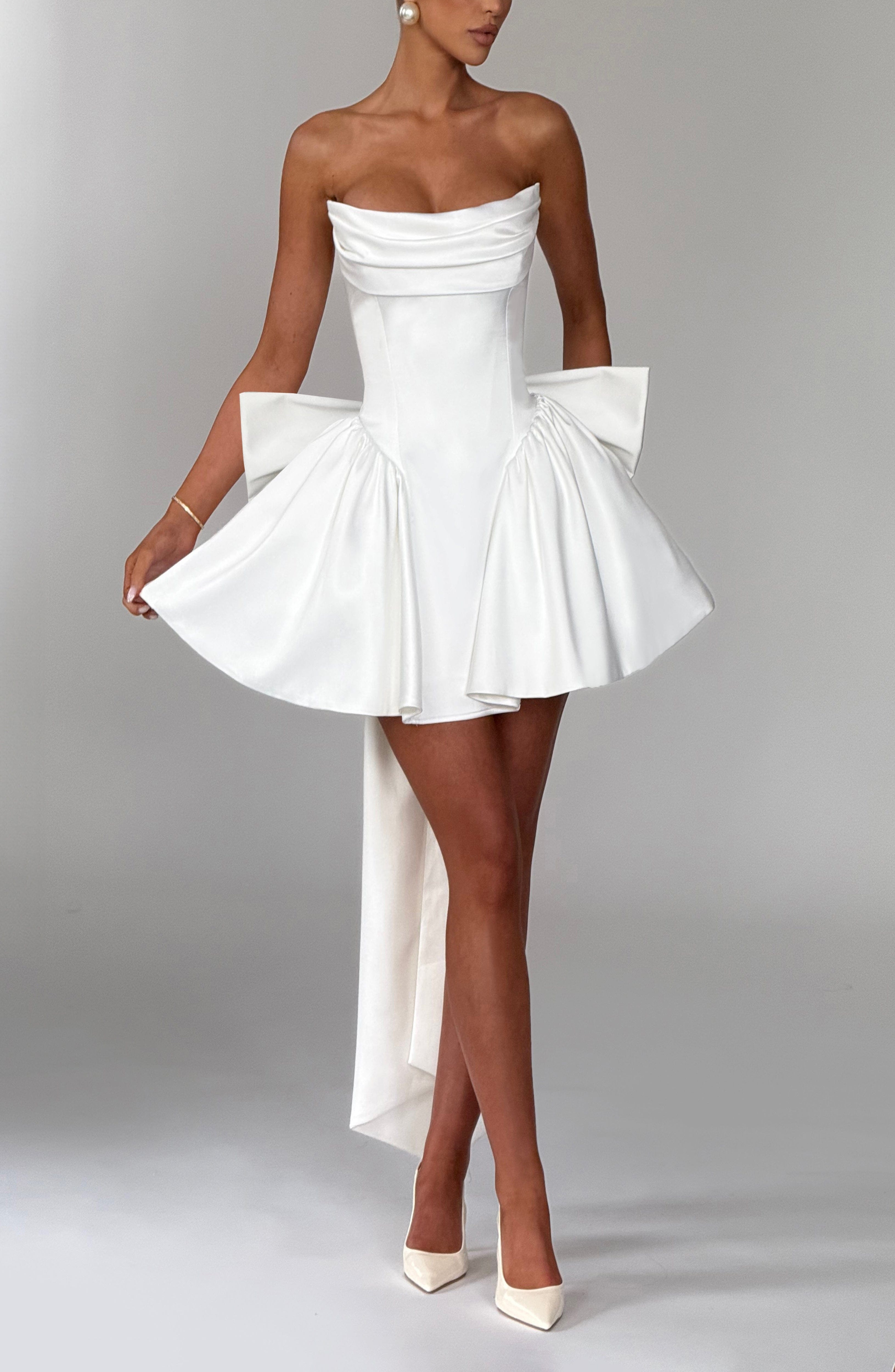 Ivory Stretch Satin Strapless Mini Dress with Bow - Image 3