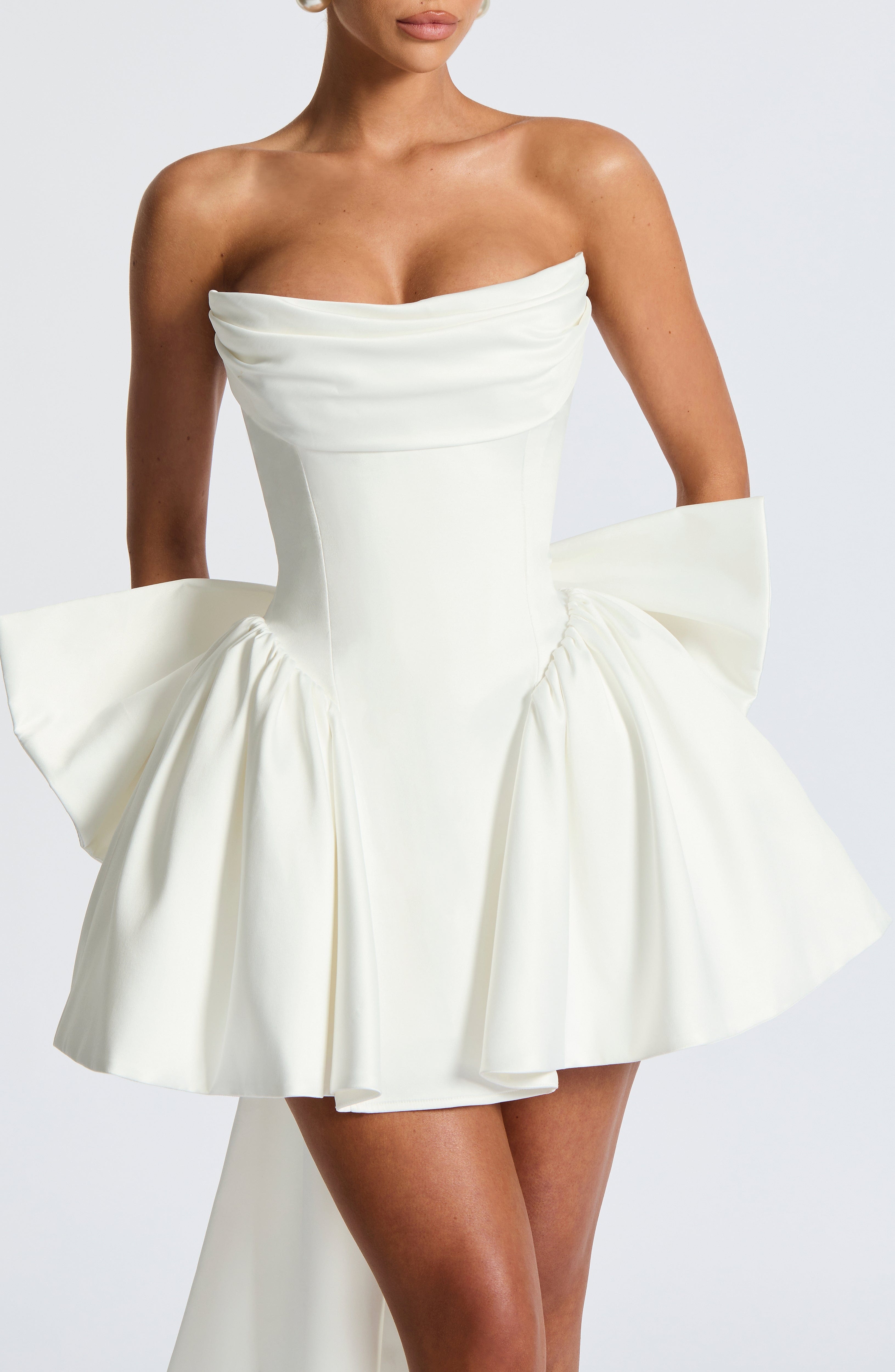 Ivory Stretch Satin Strapless Mini Dress with Bow - Image 13