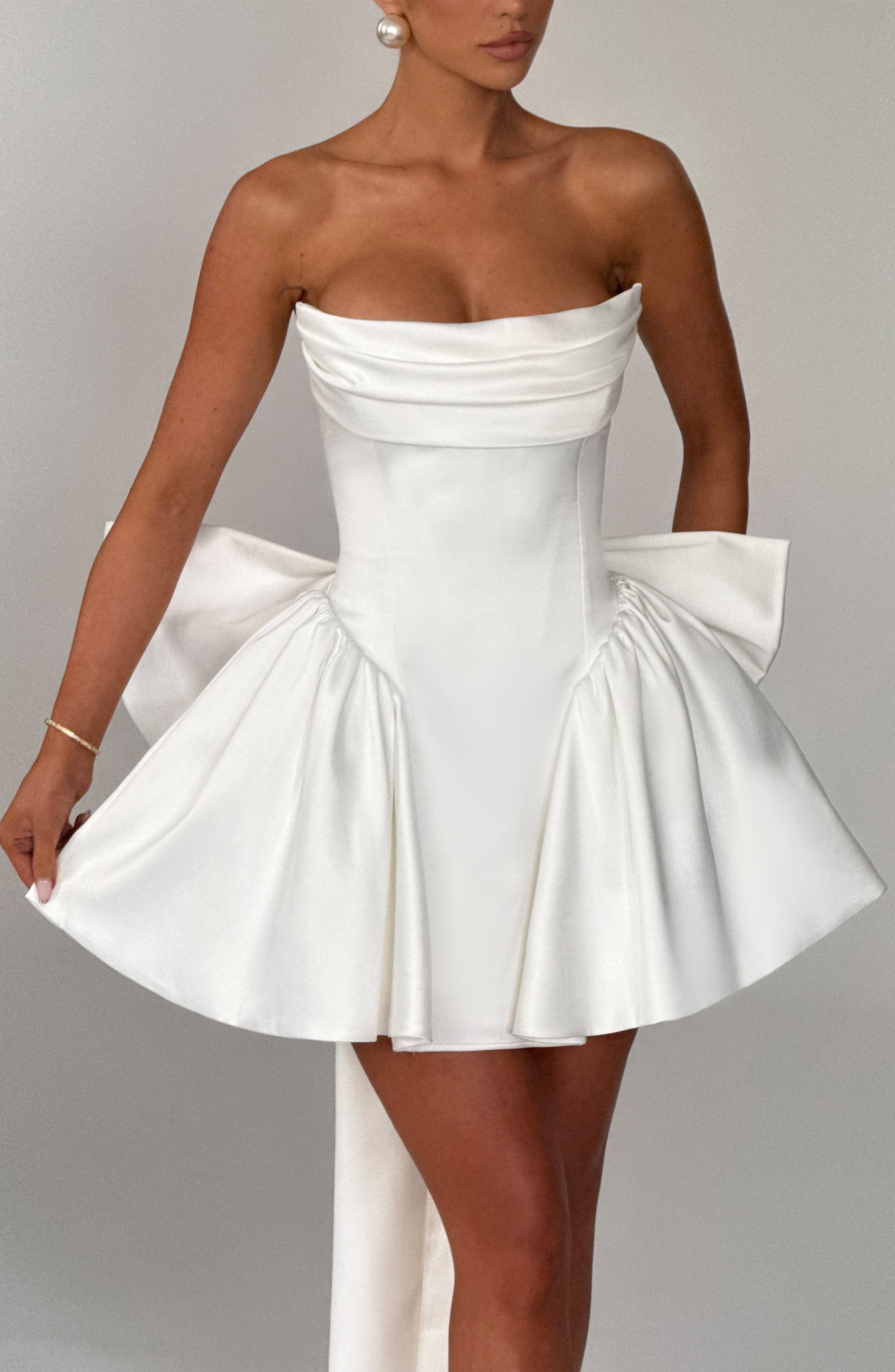 Ivory Stretch Satin Strapless Mini Dress with Bow - Image 6