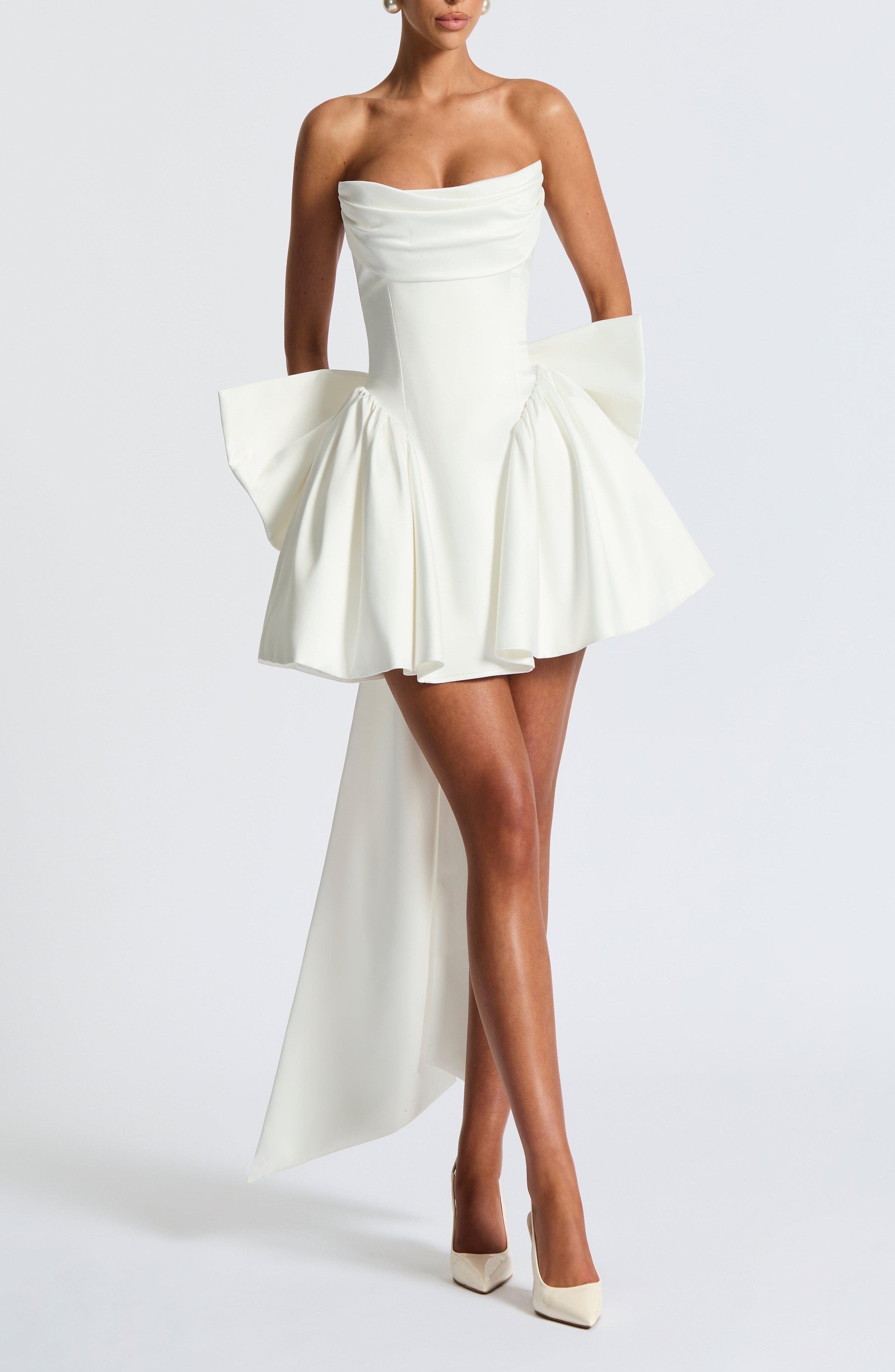 Ivory Stretch Satin Strapless Mini Dress with Bow - Image 10
