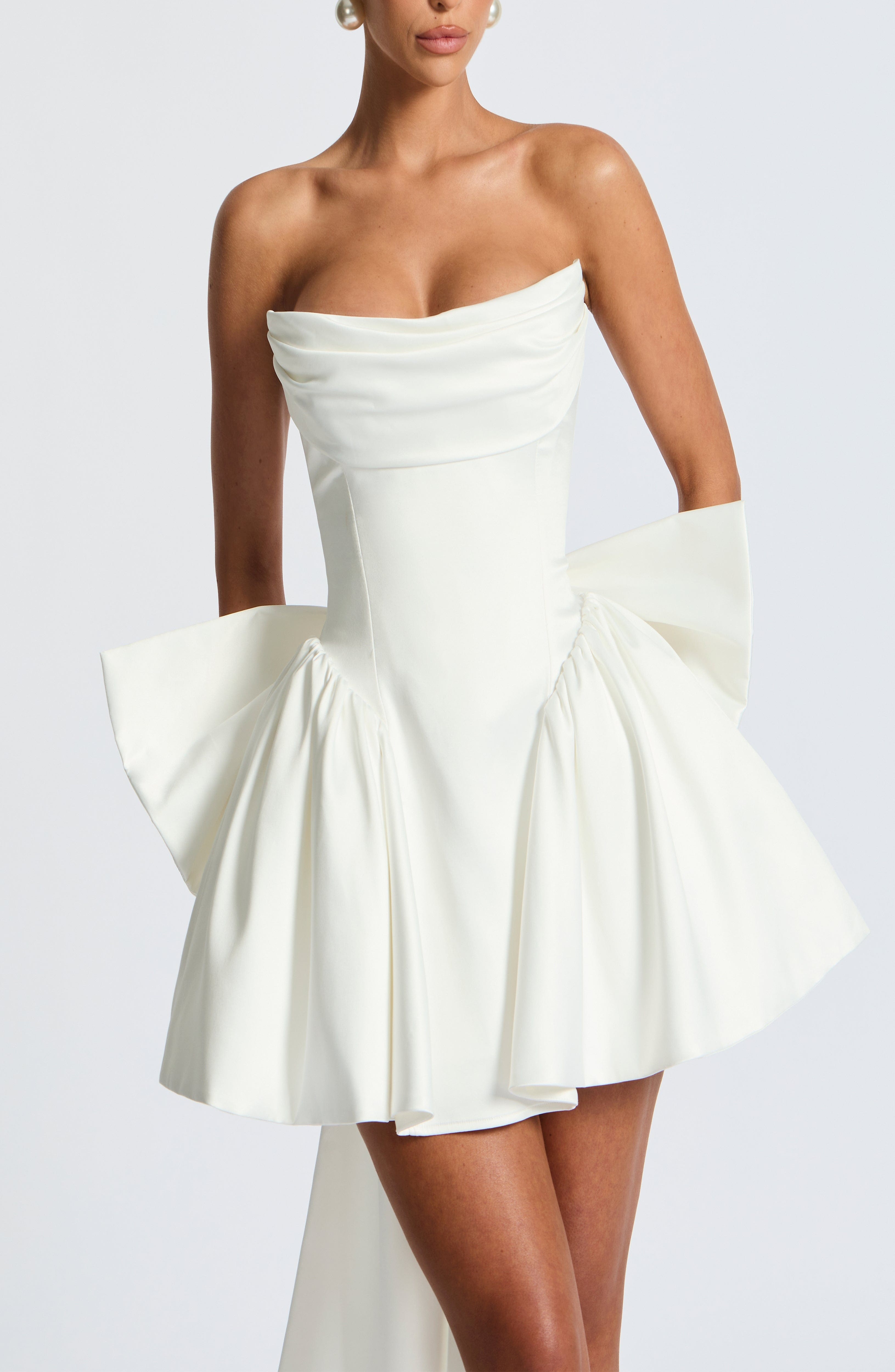 Ivory Stretch Satin Strapless Mini Dress with Bow - Image 16