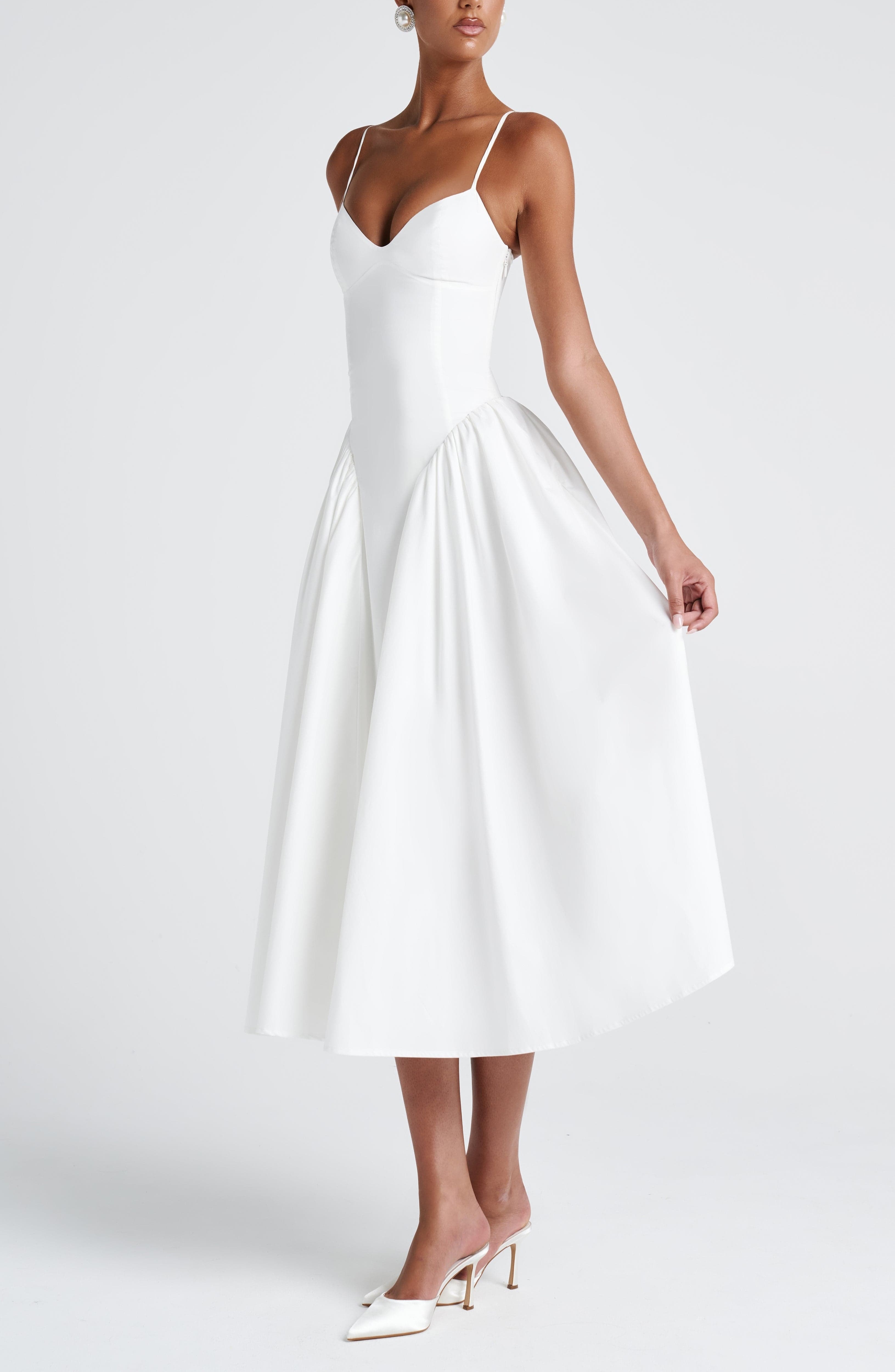 Ivory Sweetheart Lace-Up Midi Dress with Godet Panels - Image 6