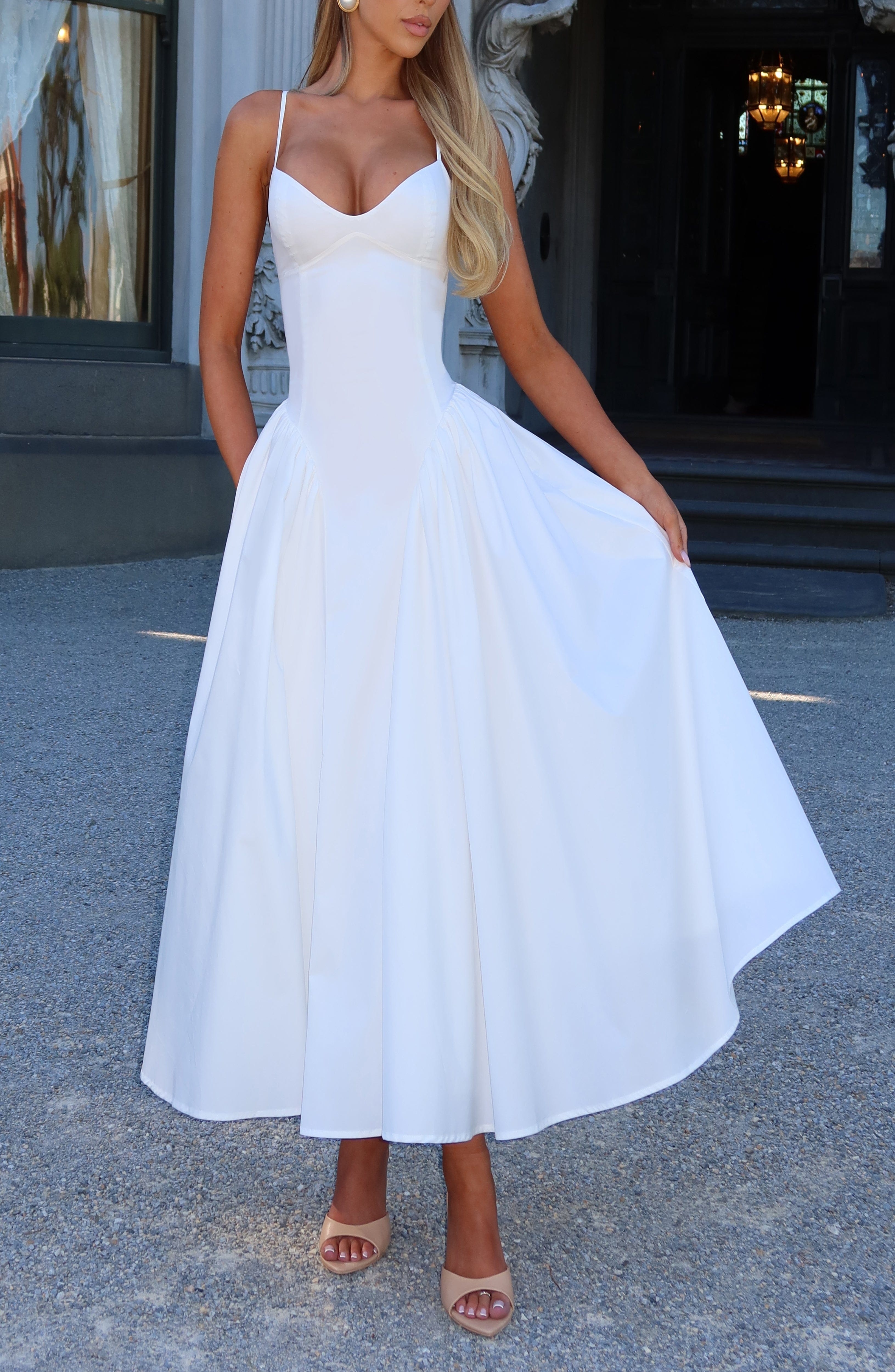 Ivory Sweetheart Lace-Up Midi Dress with Godet Panels - Image 2