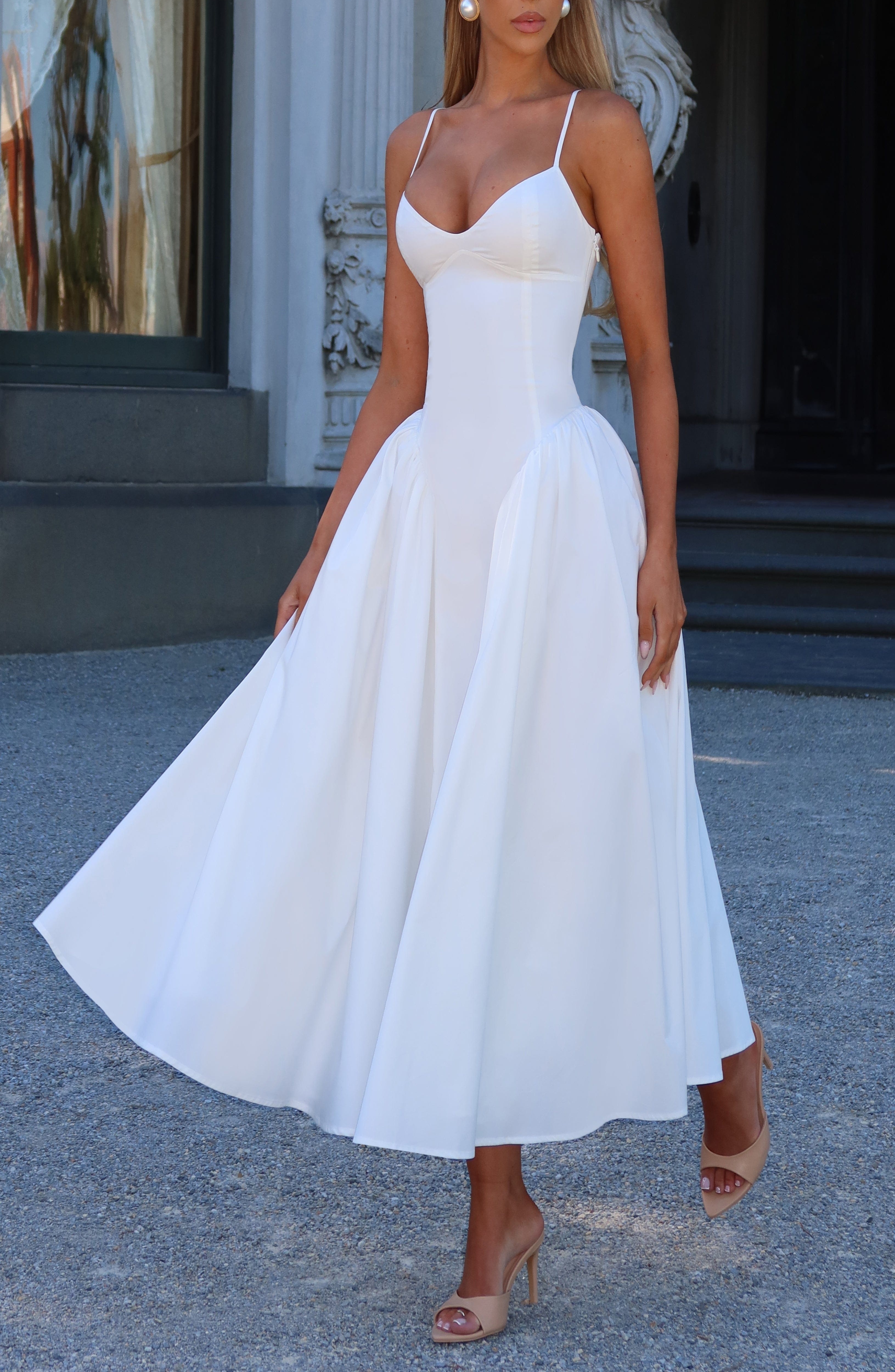 Ivory Sweetheart Lace-Up Midi Dress with Godet Panels