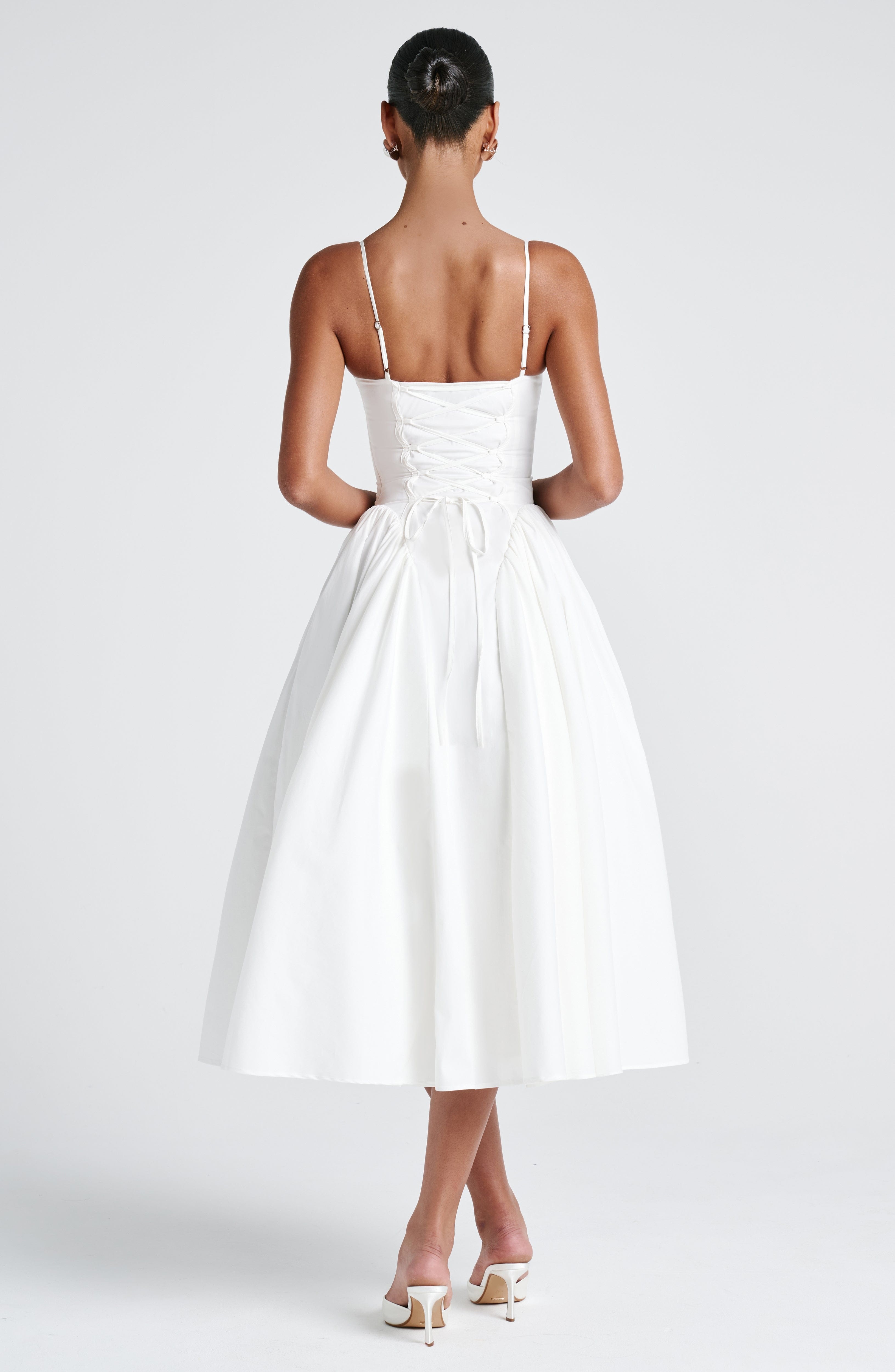 Ivory Sweetheart Lace-Up Midi Dress with Godet Panels - Image 7