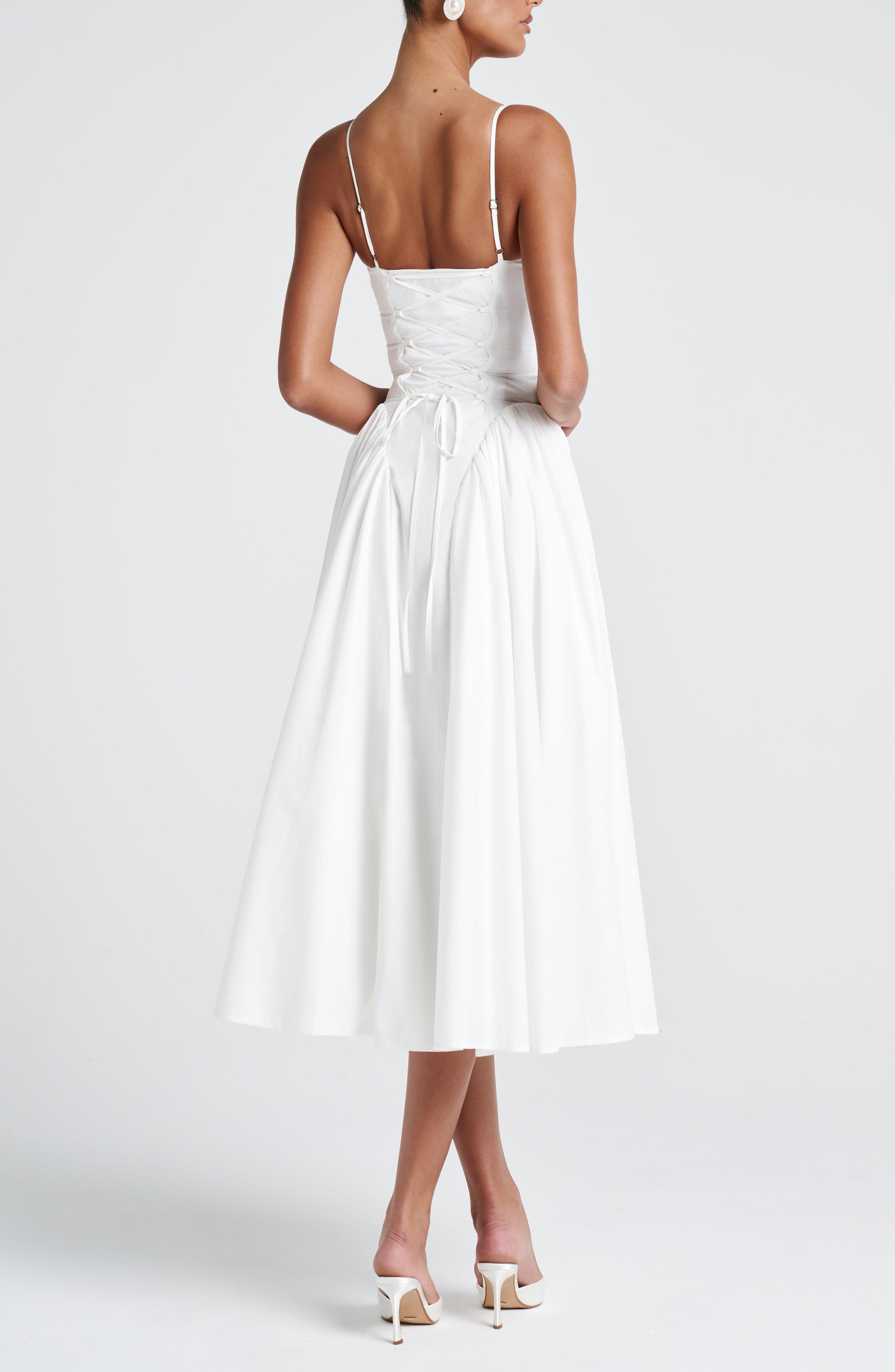 Ivory Sweetheart Lace-Up Midi Dress with Godet Panels - Image 8