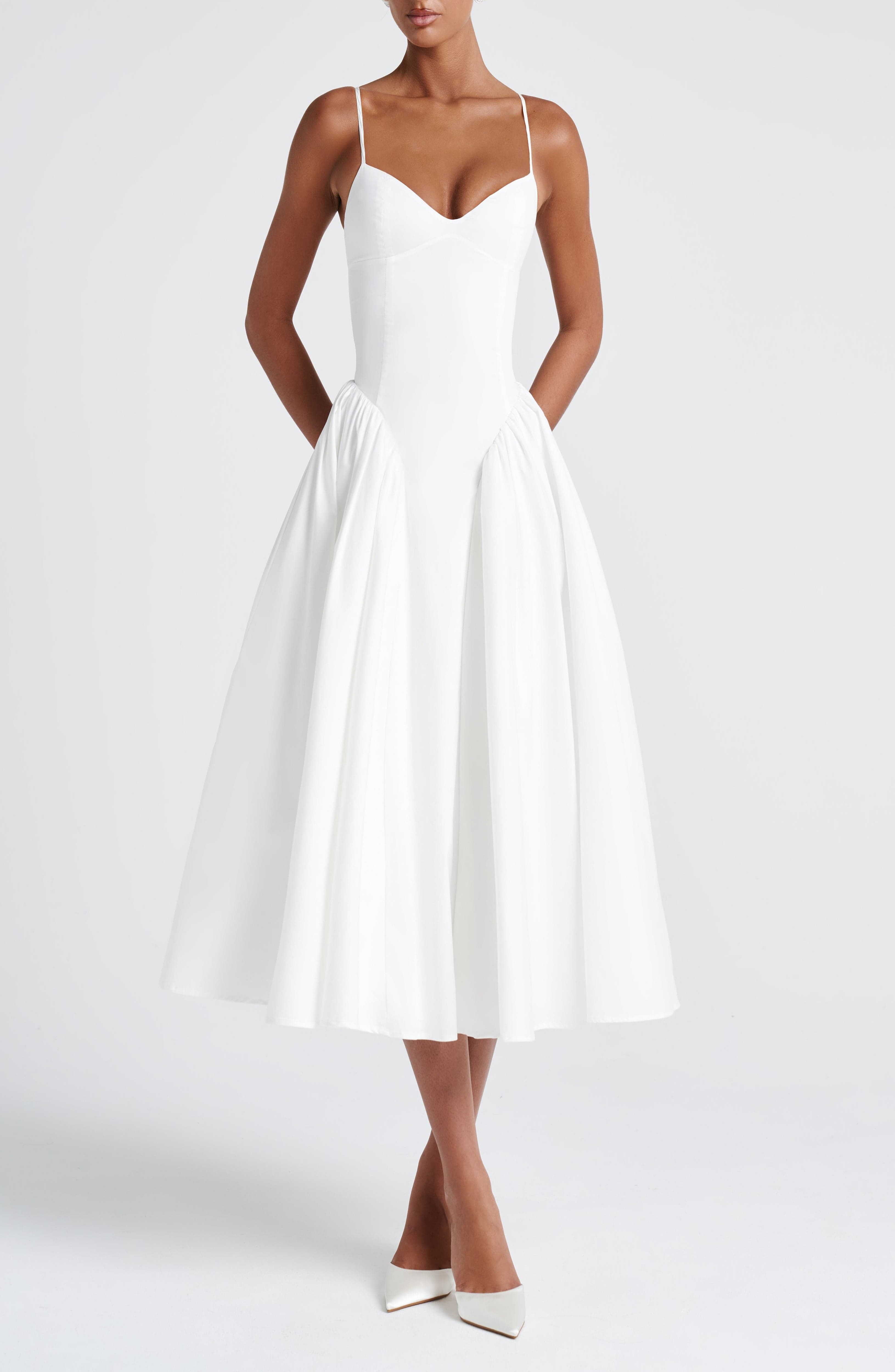 Ivory Sweetheart Lace-Up Midi Dress with Godet Panels - Image 9