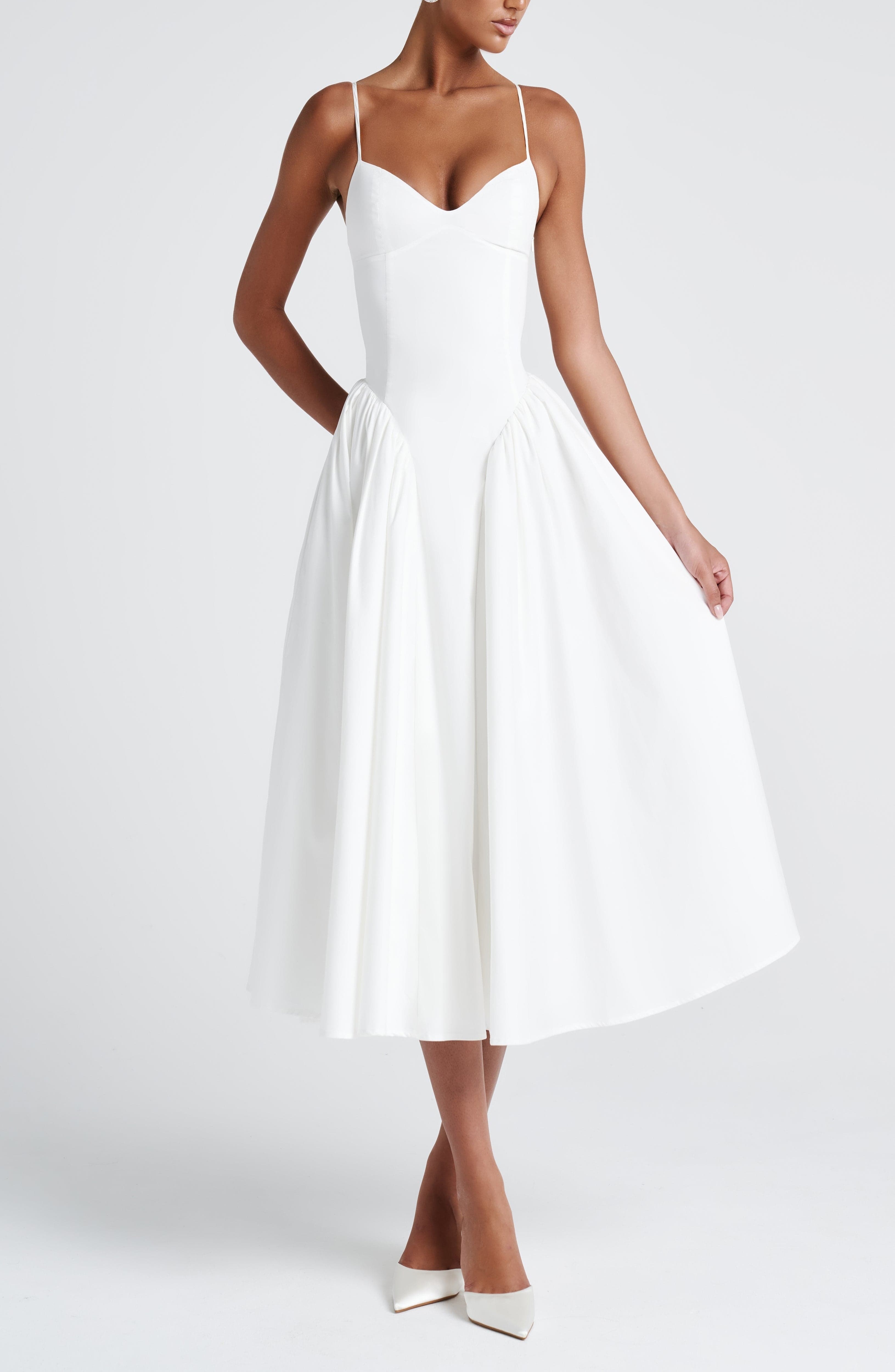Ivory Sweetheart Lace-Up Midi Dress with Godet Panels - Image 11